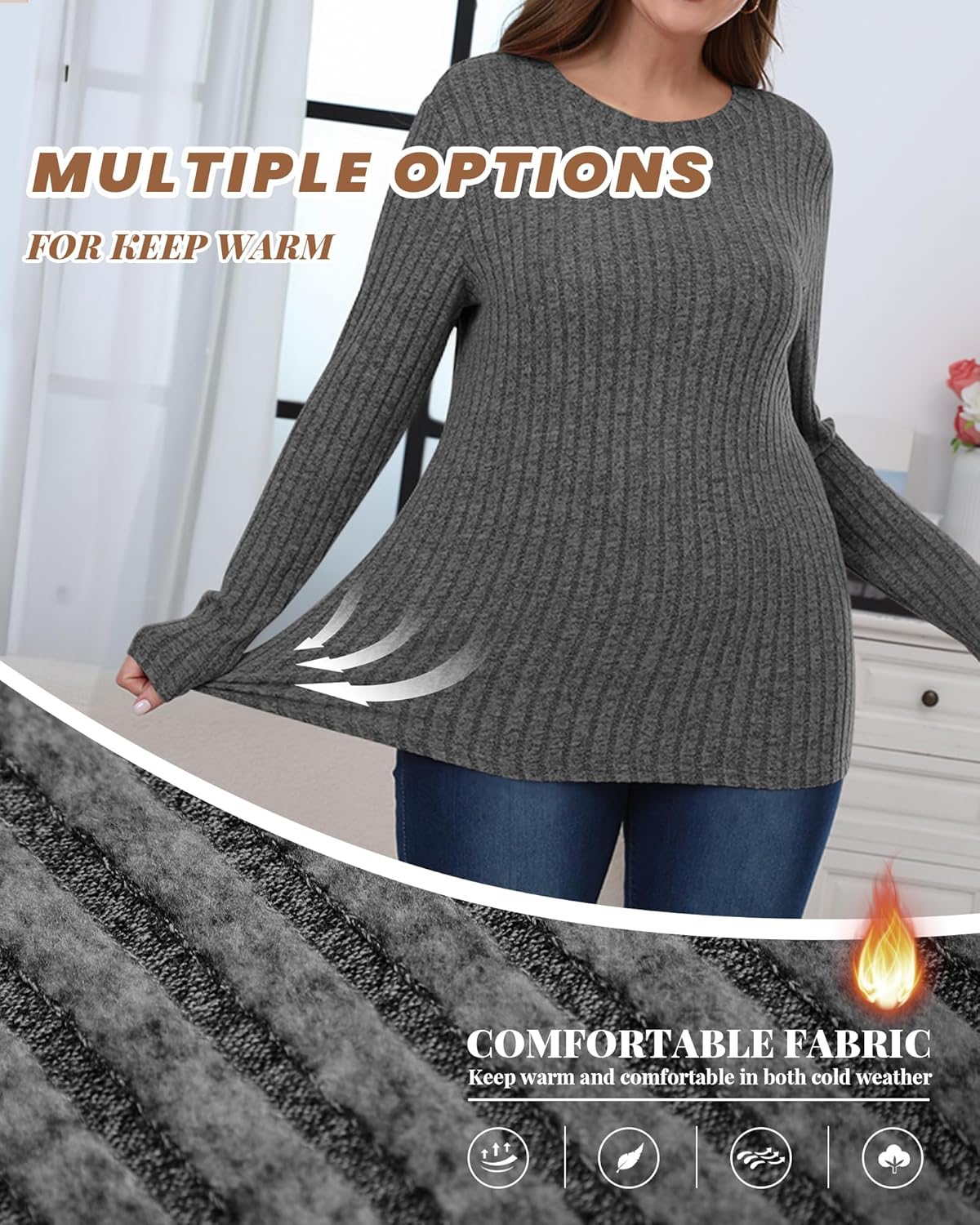 3 Pack Women's Plus Size Tunic Sweaters Ribbed Long Sleeve Slim Fit Shirts Crewneck Pullover Casual Tops - Image 4