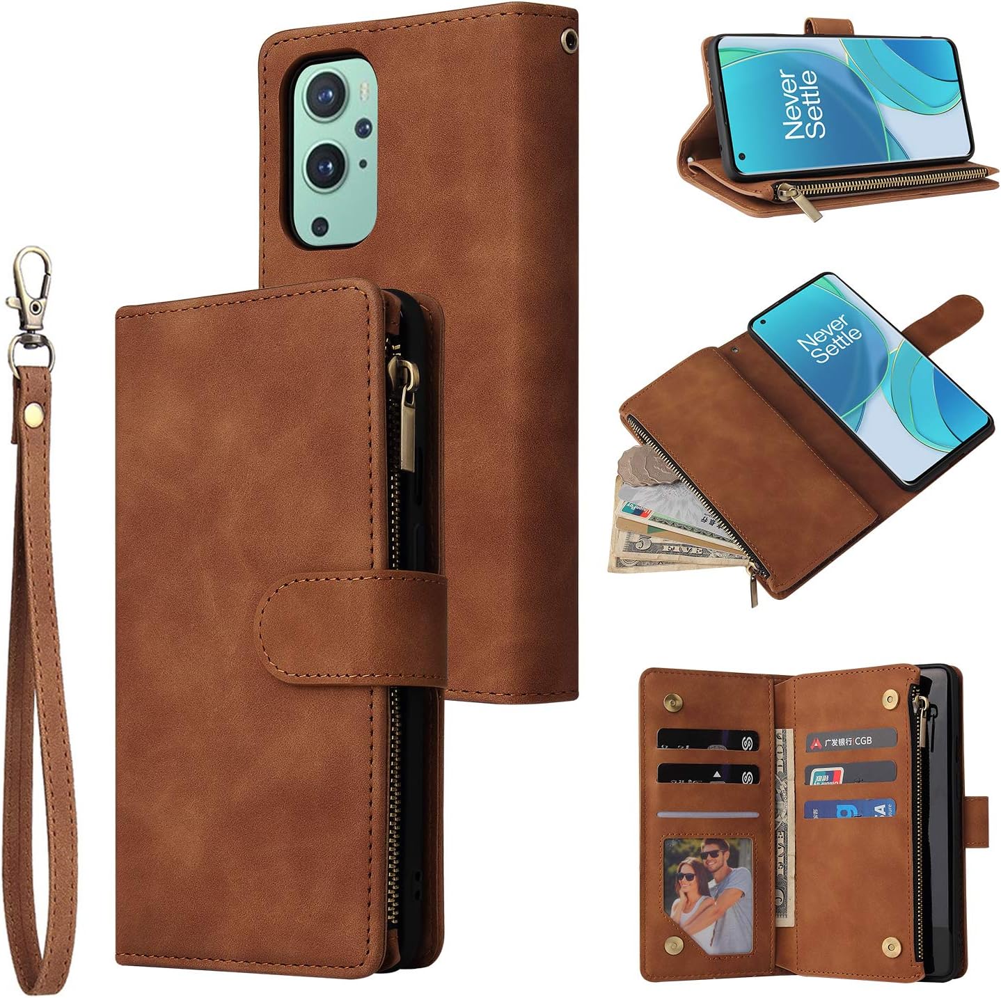 Compatible with One Plus 9 Pro Case,Premium PU Leather Magnetic Closure Flip Fold Wallet Case Has Kickstand & Card Slots & Wrist Strap&2 in 1 Wallet case（Brown）