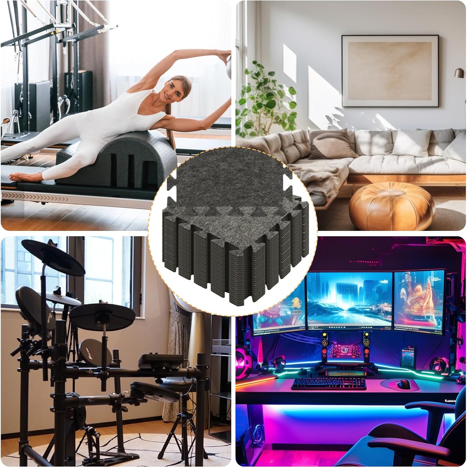 16 Pcs Sound Absorbing Interlocking Floor Mats, 11.8 x 11.8 x 0.4 inches High Density Piano Carpet Drum Rug, Non-Slip Anti Vibration Soundproof Pads Acoustic Blankets for Music Studio