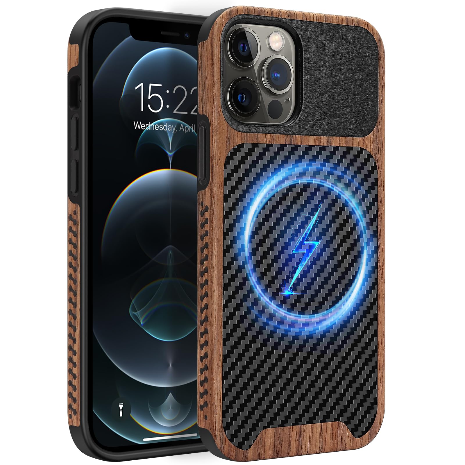 - Magnetic Case Compatible with iPhone 12 Pro/iPhone 12 Case [Compatible with MagSafe] Wood and Leather Carbon Fiber Design Hybrid Shockproof Phone Case (Black)