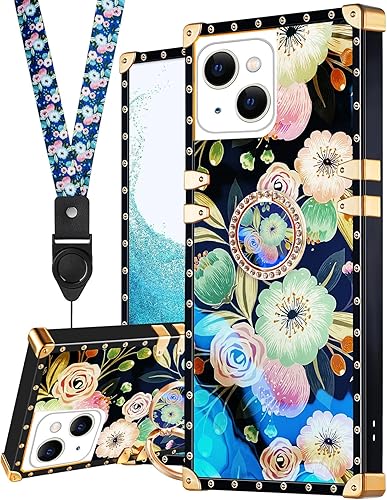 Loheckle Funda para iPhone 15 para iPhone 15 para mujeres y adolescentes, diseño cuadrado a la moda, lindas fundas con soporte de anillo y cordón,
