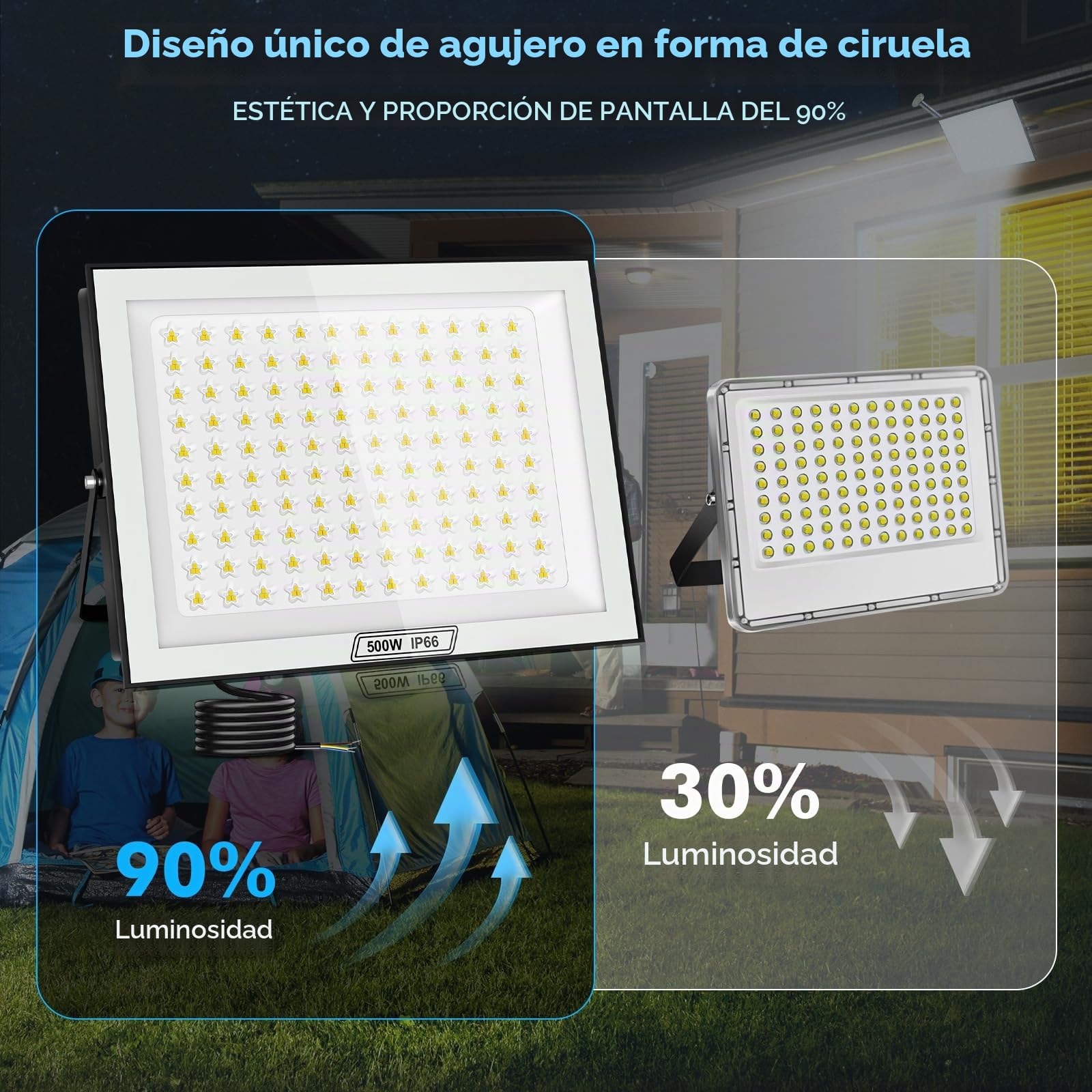 Foco LED para exteriores de 500W, 50000 LM, superbrillante, blanco frío de 6500 K, resistente al agua IP66, para patio, entrada, garaje, pasillo y jardín - 2 piezas