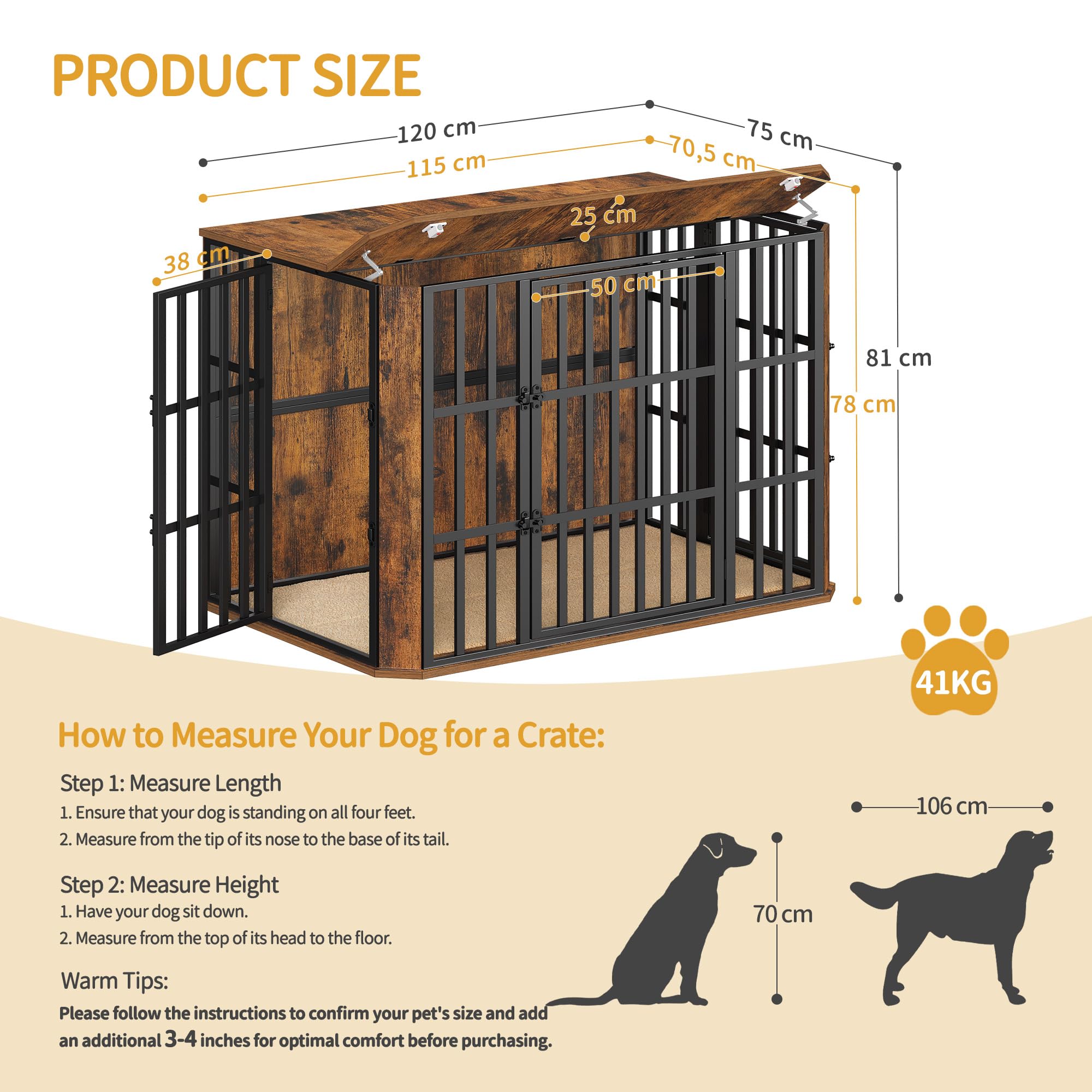 Hzuaneri Jaula para Perros Tipo Mueble, Casa para Mascotas con 3 Puerta, Jaula Madera, 75 x 120 x 81 cm, XXL, Marrón Rústico DFC86801B
