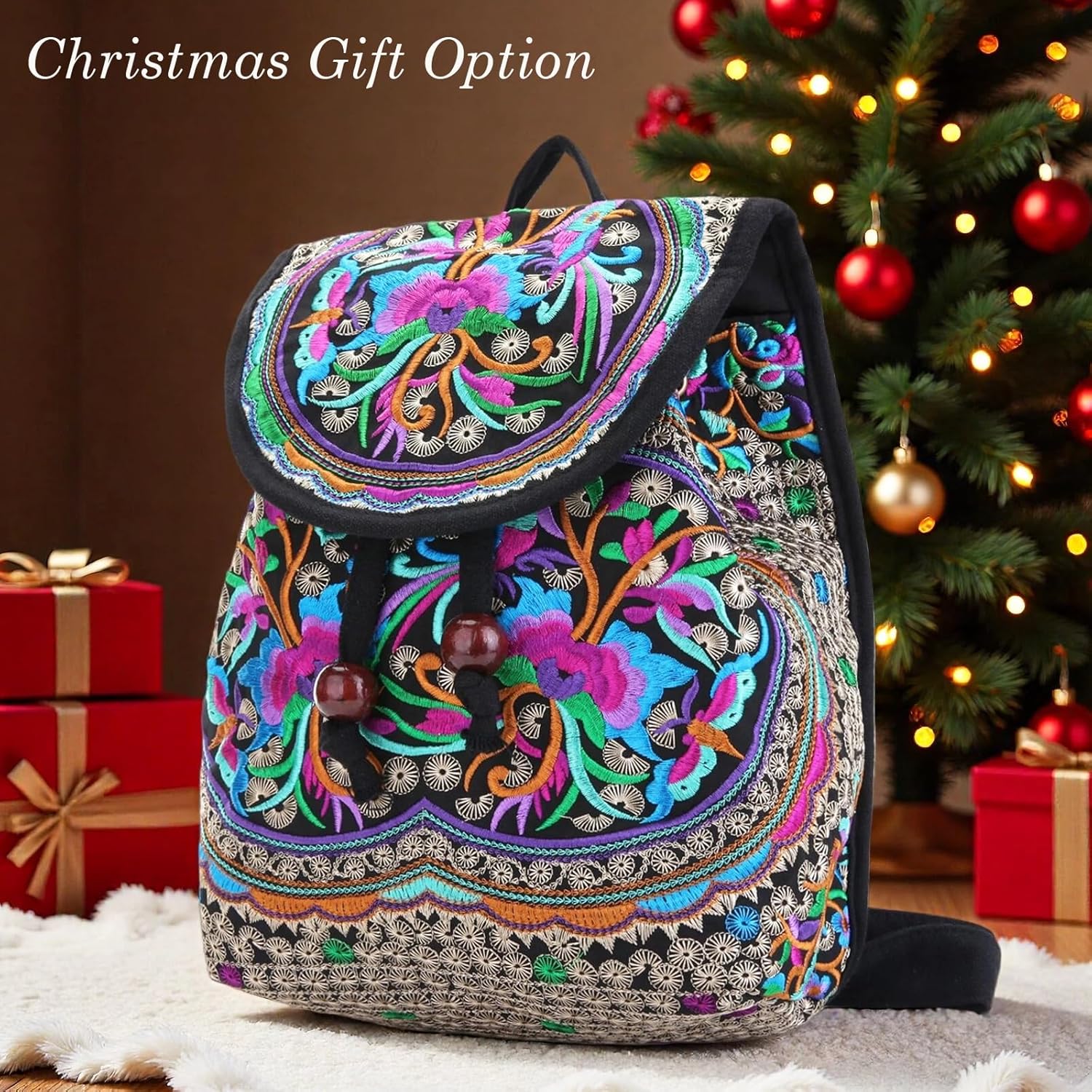 Jursccu Embroidery Backpack Purse for Women Vintage Handbag Small Drawstring Casual Travel Shoulder Bag Daypack Pink Blue Flowers - Image 2