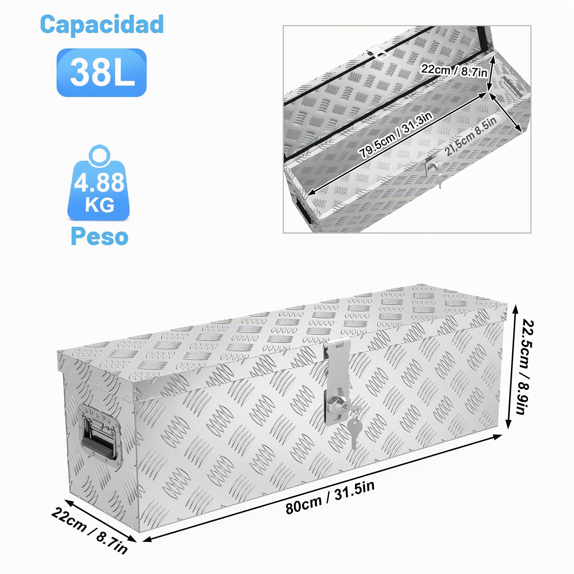 ACXIN Caja de almacenamiento de aluminio 800x220x225 mm, caja de herramientas de aluminio con cerradura y 2 llaves, robusta caja de timón con cerradura para el remolque, estable e impermeable (plata)
