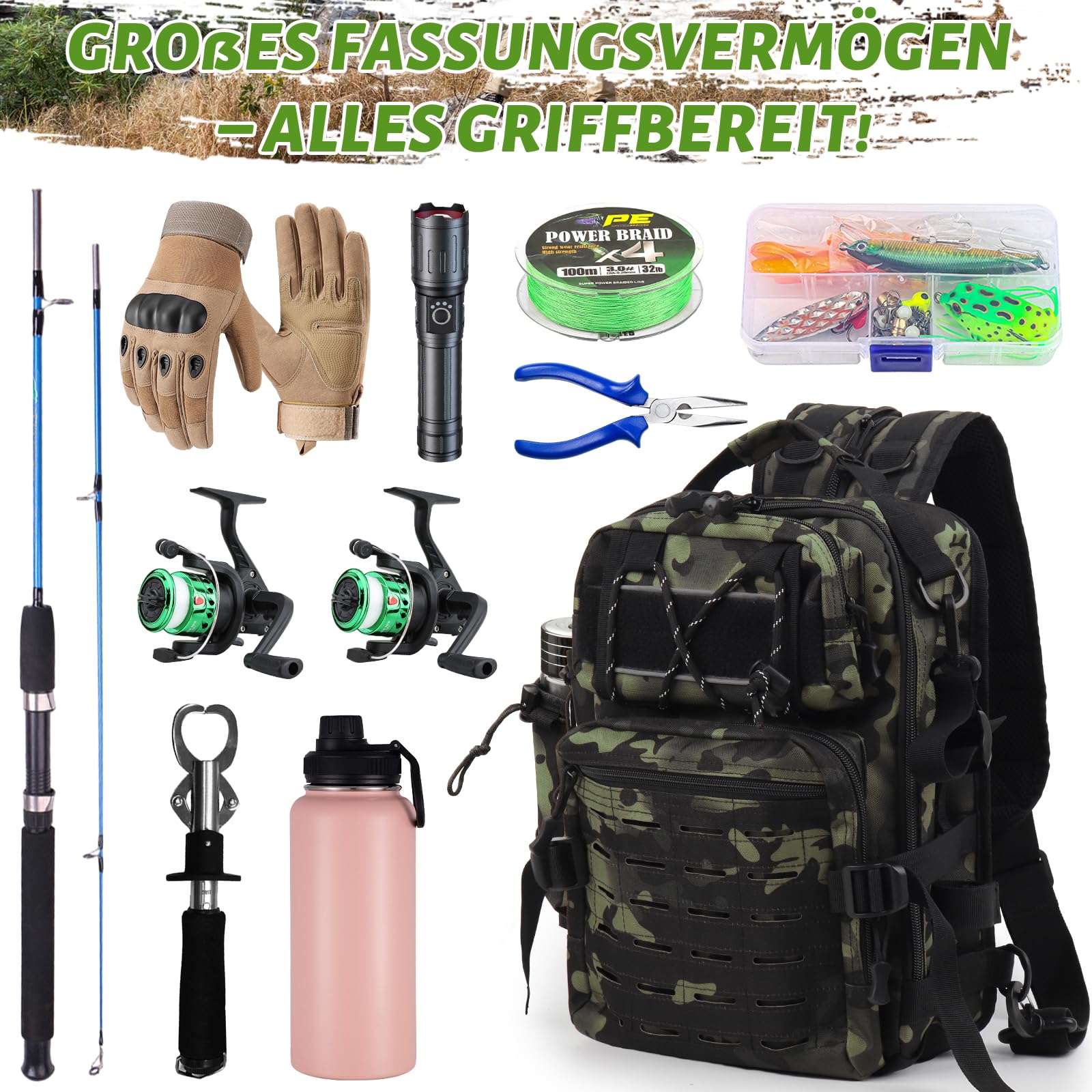 Coopay Angeltasche für Angelzubehör, Multifunktional Angelrucksack, Rucksack Wasserdicht aus Oxford-Stoff, Multifunktionale Angeltasche, Umhängetasche Schultertasche zum Angeln, Camping, Wandern