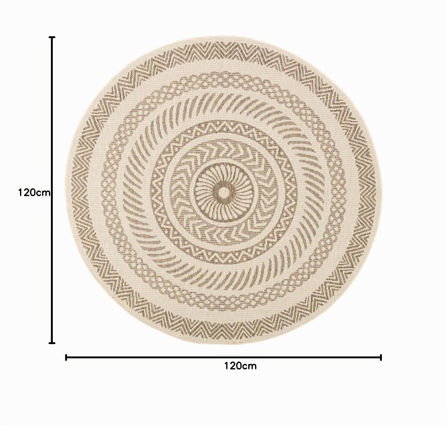 In- & Outdoor Jute Teppich Rund - Nomad Aztec Creme - Ø 120 cm | Wetterfest - Synthetik, Polypropylen - Wohnzimmer, Esszimmer, Balkon, Garten / Terrasse - Terrasse teppich - Outdoor rug