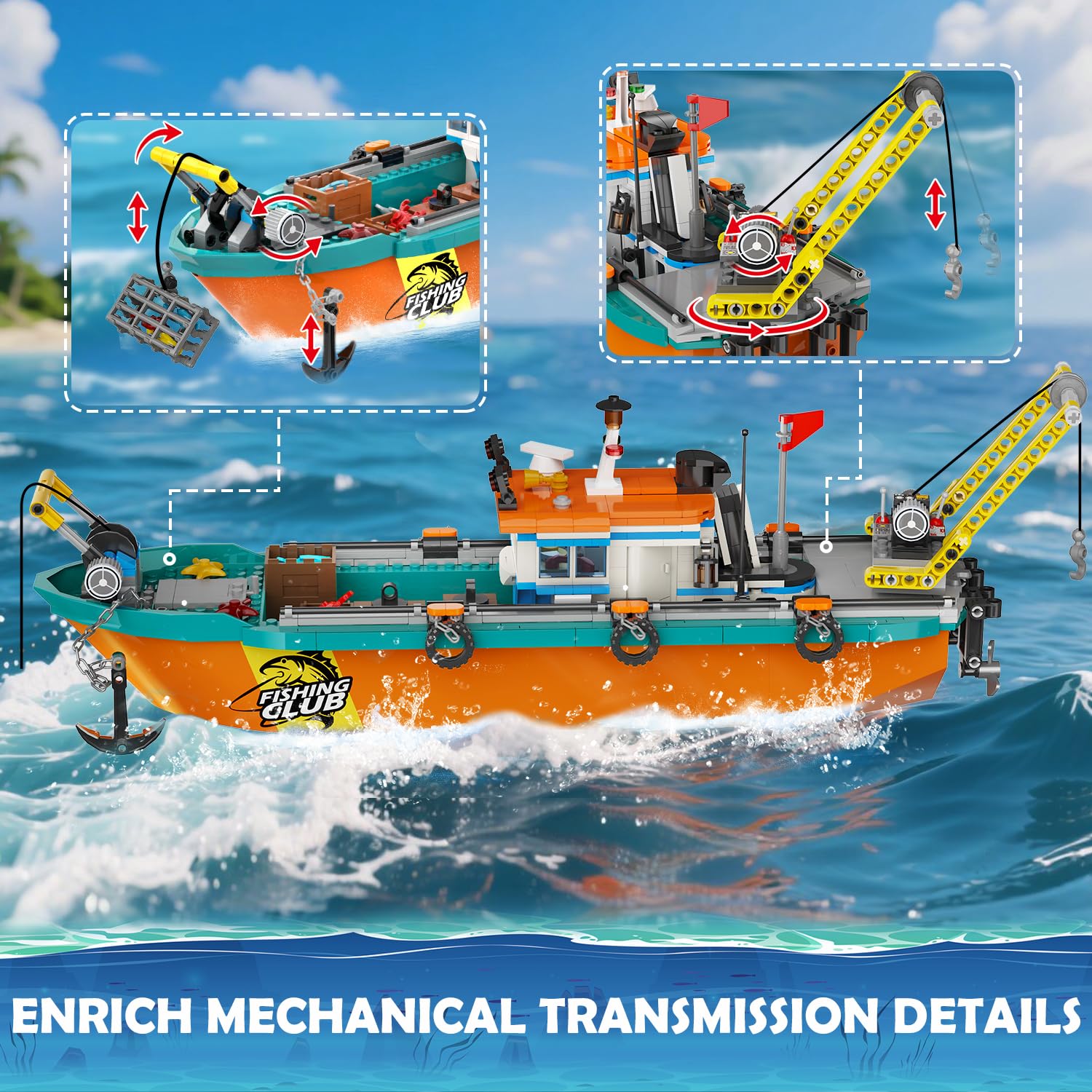 HiWEEGO City Fischerboot Werft Boot Bausatz für Jungen Kinder 6 7 8+ Jahre | 762 Teile Schwimmfähiges Baukasten Ozean Schiffs Baustein Schnellboot Kran Containern Spielzeug Mädchen Geburtstags Geschenk
