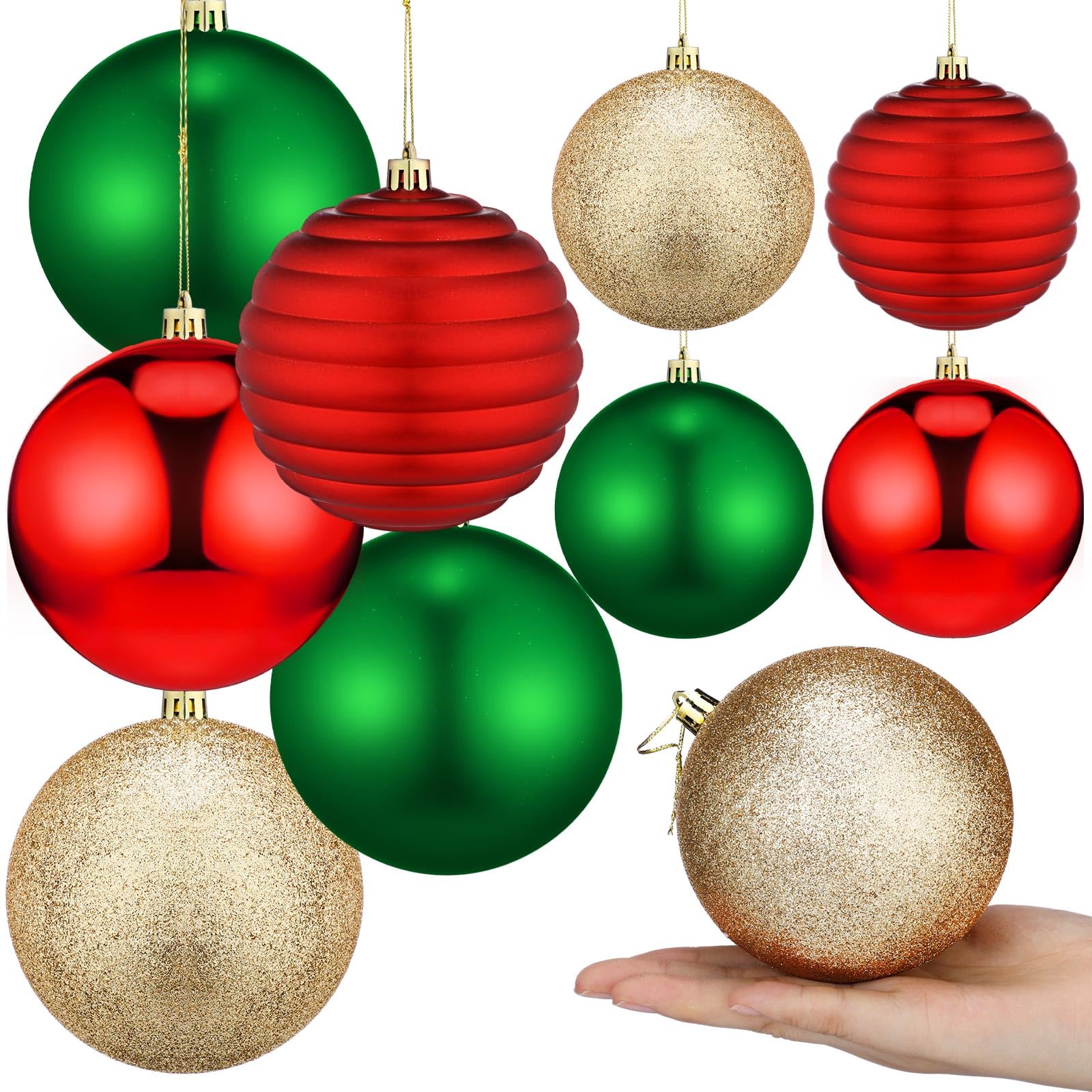 Poen Lot de 8 boules de Noël en plastique incassable et colorées avec corde pour décoration de sapin de Noël – Guirlande de fêtes de fin d'année, couronne de Noël (rouge, vert, doré)
