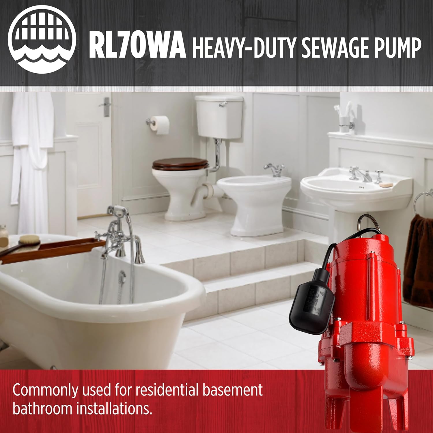 Red Lion RL75WA 115 Volt, 3/4 HP, 8400 GPH Sewage Pump with Piggyback Tethered Switch and 20-Ft. Power Cord, Red, 14942664