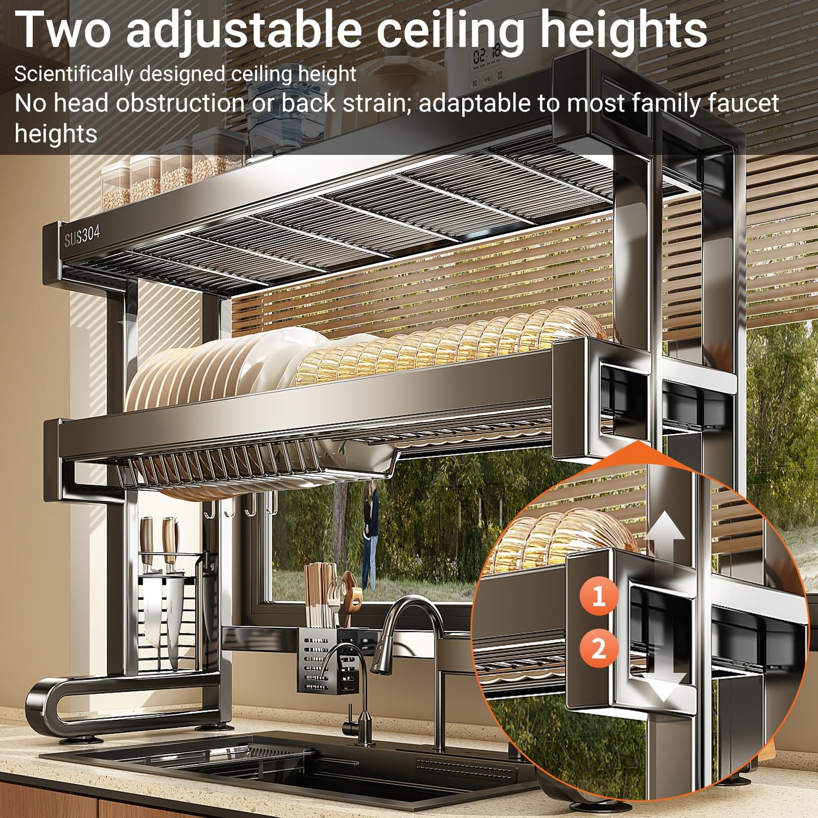 Escurreplatos sobre el Fregadero de Acero Inoxidable 304, Altura Ajustable, Ahorro de Espacio, Adecuado para el Fregadero de la Cocina, Ideal para secar Platos(Single Layer,76cm/29.9in)