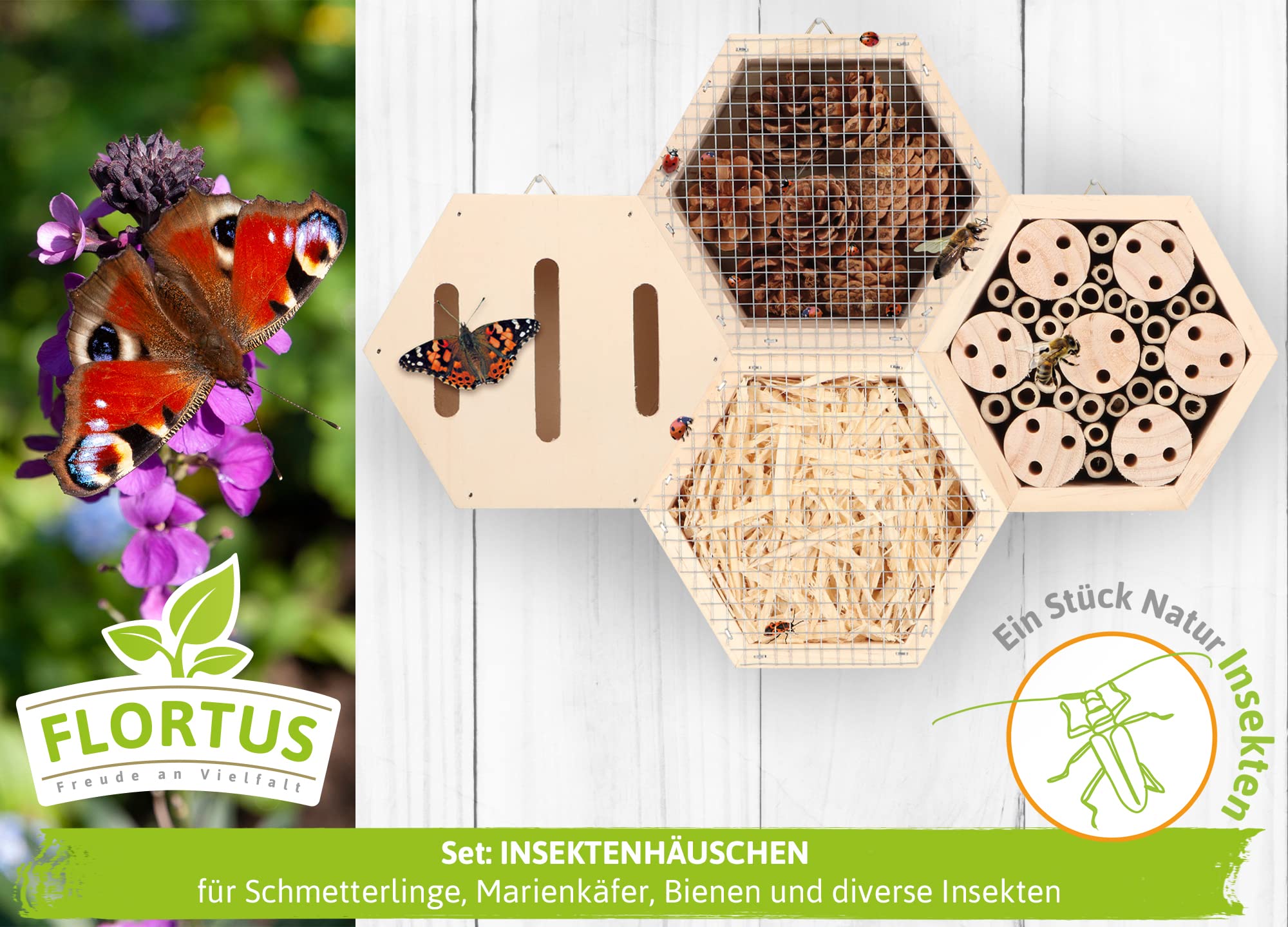 FLORTUS Insektenhotel Set | Bienenhotel Schmetterlingshaus und Marienkäferhaus | Insektenhotels kombinierbar für Garten, Balkon und Terrasse