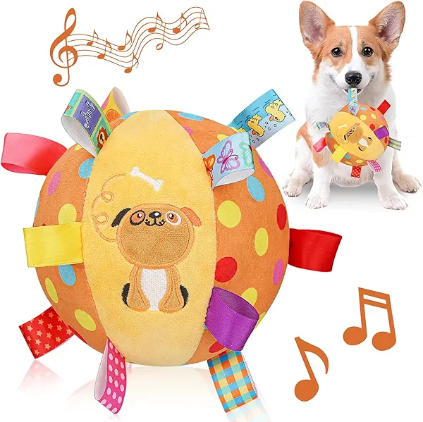 Letalong Dog Squeaky Plush Toy with Straps, 6-Inch Soft Stuffed Ball with Cotton Material and Bell Built-in, Pet Interactive Fetch Toy for Small to Large Dog