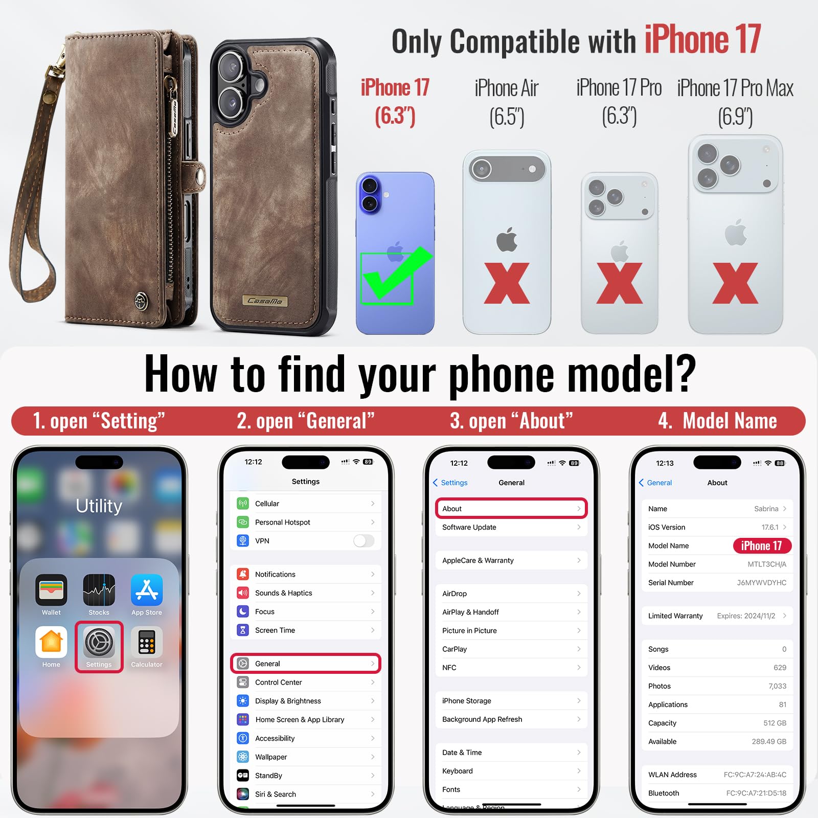 Custodia a portafoglio compatibile con iPhone 17 con Magsafe con cerniera e cinturino per carte di credito Custodia posteriore protettiva magnetica staccabile per iPhone 17 5G da 6,3 pollici