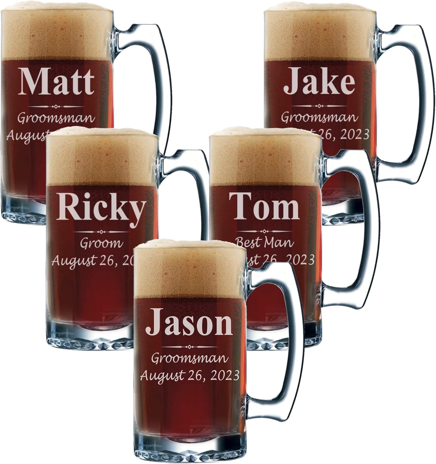 Set of 3, Set of 5 Set of 7 and more Personalized Groomsmen Beer Glasses - Custom Engraved Groom, Best Man Gift Mugs - 3 Lines Style 12 oz (5)