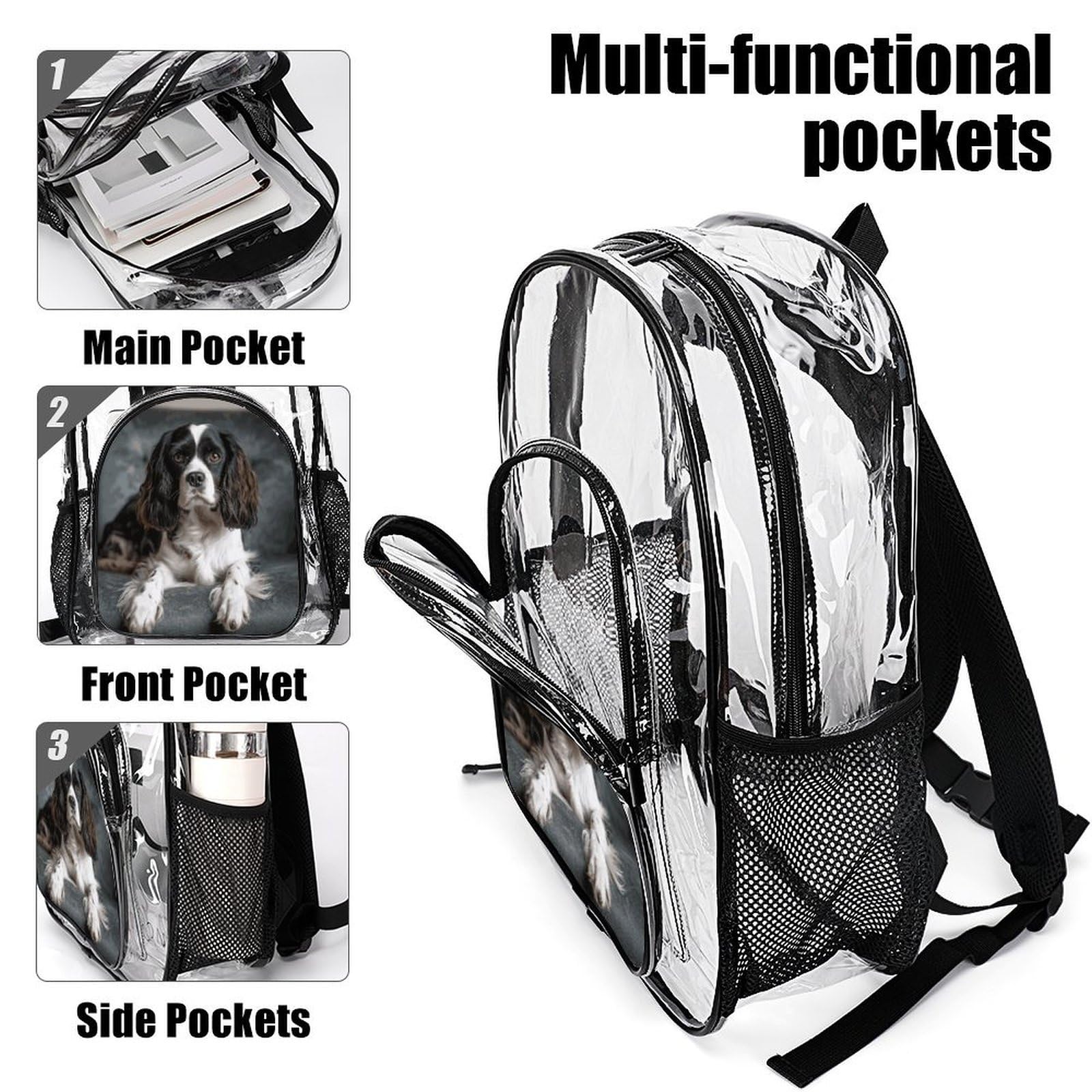 Spaniel On The Sofa Clear Backpack Large,Transparent Backpack PVC Transparent Bookbag for Security, Work, Travel, Stadion