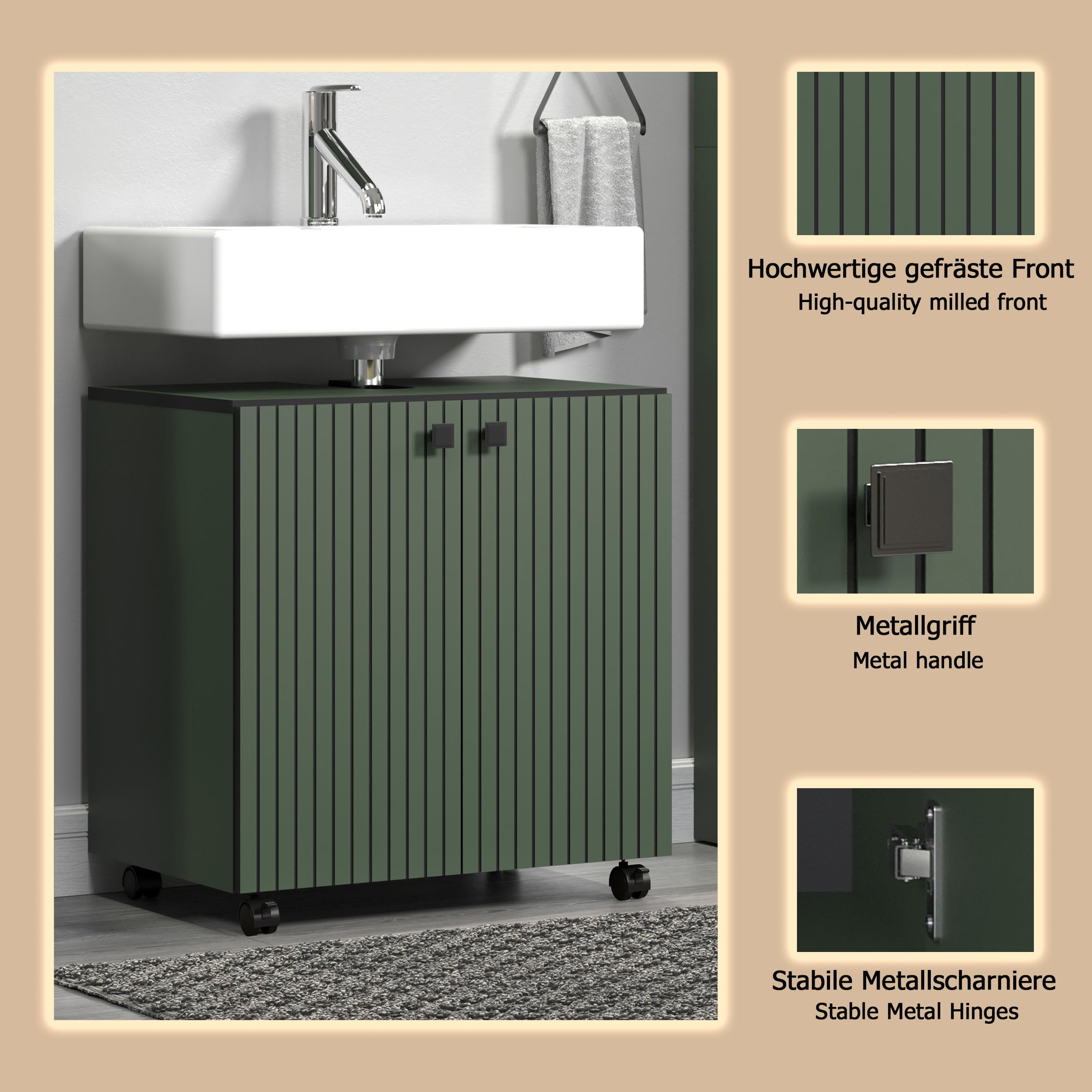trendteam smart living - PureBliss – szafka pod umywalkę na kółkach – zielona – umywalka z półką wkładaną – (szer. x wys. x gł.) 60 x 64 x 42 cm – szafka łazienkowa o wyglądzie rowków – eleganckie