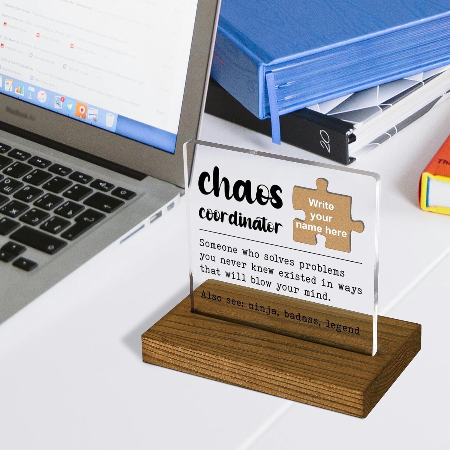 Chaos Coordinator Acrylic Desk Sign with Puzzle Piece, Personalized Funny Gift for Boss Coworker Teacher, Office Desk Humor Decor, Appreciation Keepsake for Women Men with Vintage Brown Wooden Base - FSG502 - Image 5