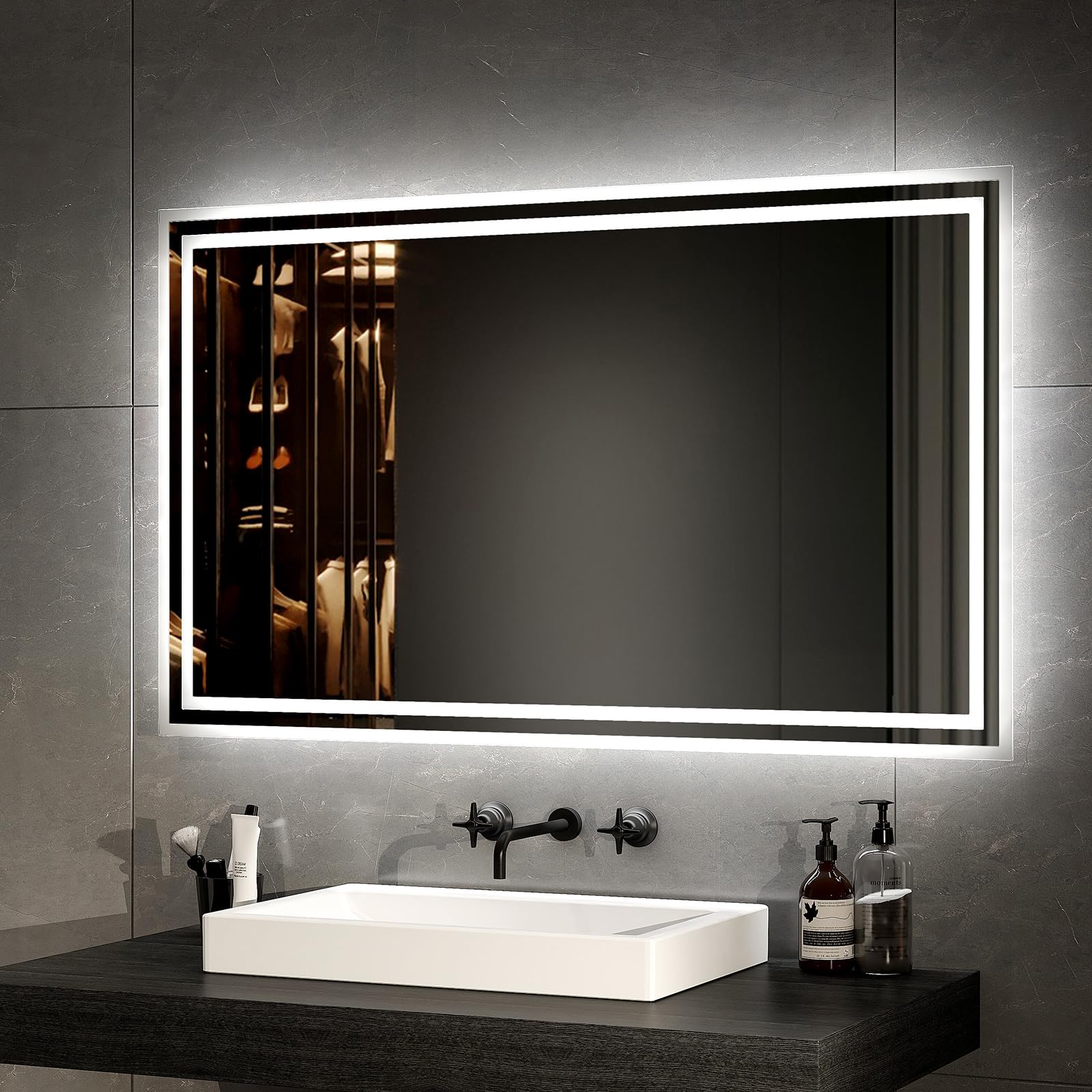EMKE Espejo de baño LED de 100 x 60 cm, Espejo de baño con iluminación, luz Blanca cálida y luz Blanca fría, Espejo de baño con antivaho + botón