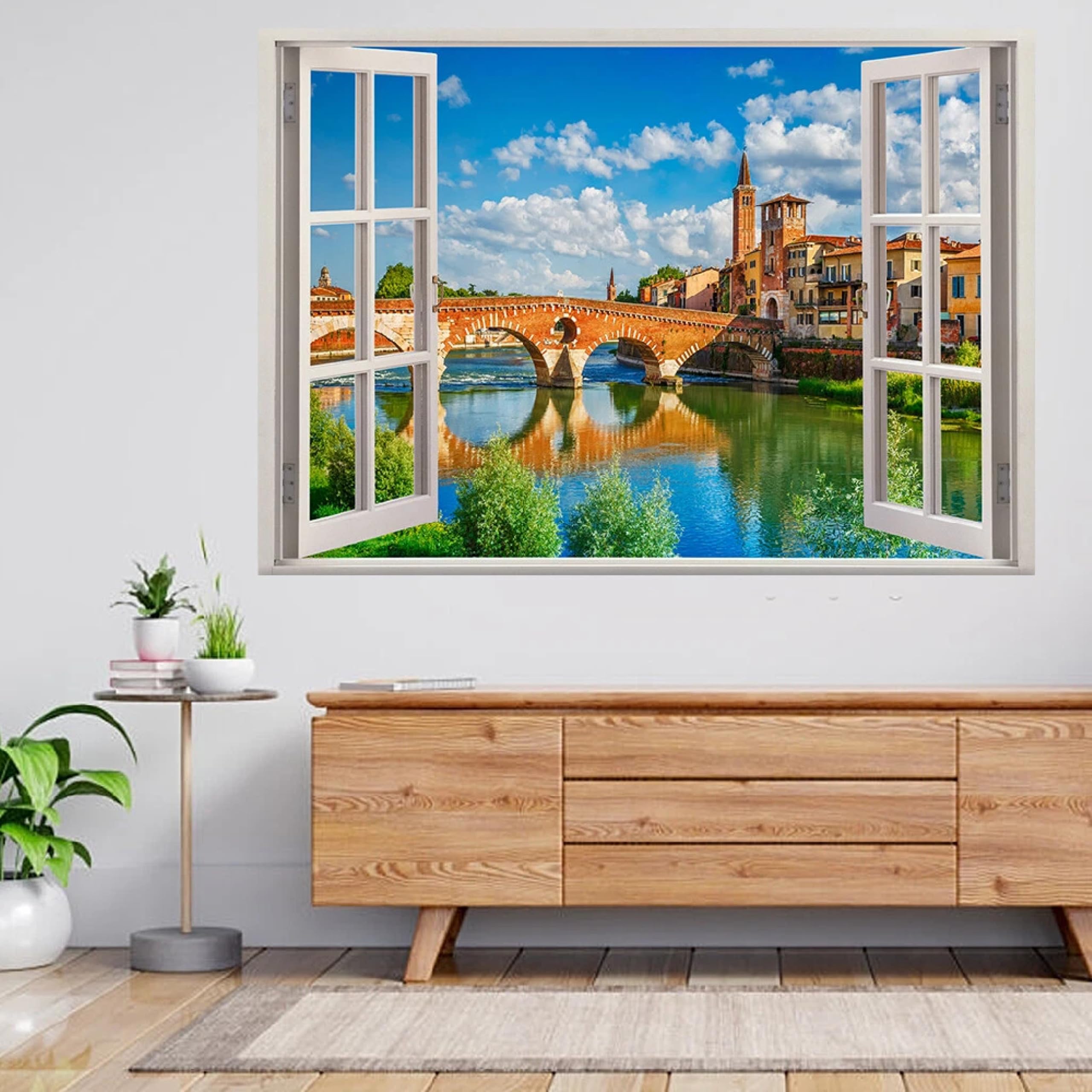 Adesivi decorativi da parete 3DPonte Sul Lago Della Città Adesivi murali Decalcomanie murali 3D fracassate Wall Vinyl Family for Camera da letto Soggiorno Nursery Home Wall Décor 58x101cm