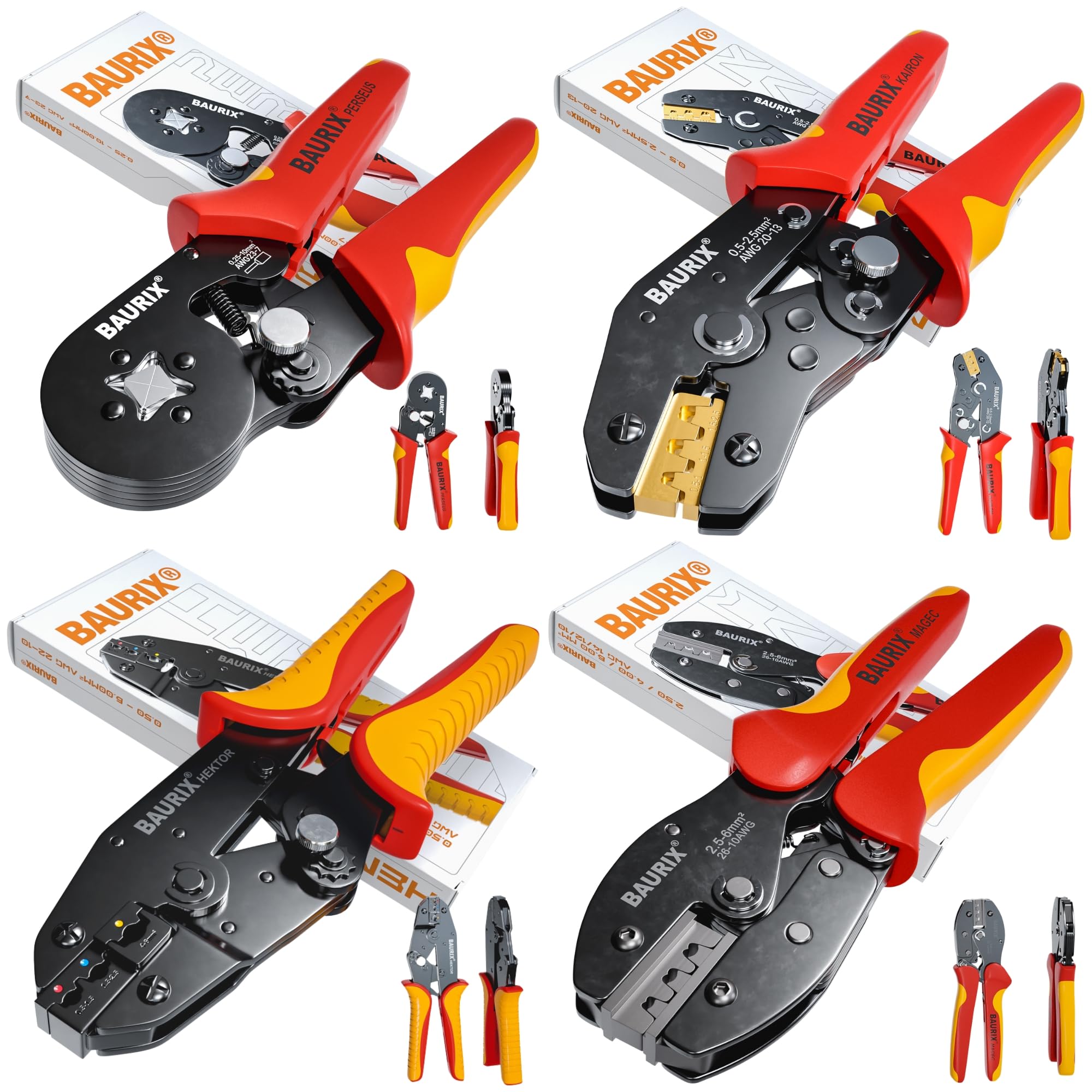 BAURIX® Crimpzangen Set – PERSEUS Aderendhülsenzange 0,25–10 mm², HEKTOR Kabelschuhzange 0,5–6 mm², KAIRON Flachsteckhülsenzange 0,5–2,5 mm² & MAGEC MC4 Solar Crimpzange