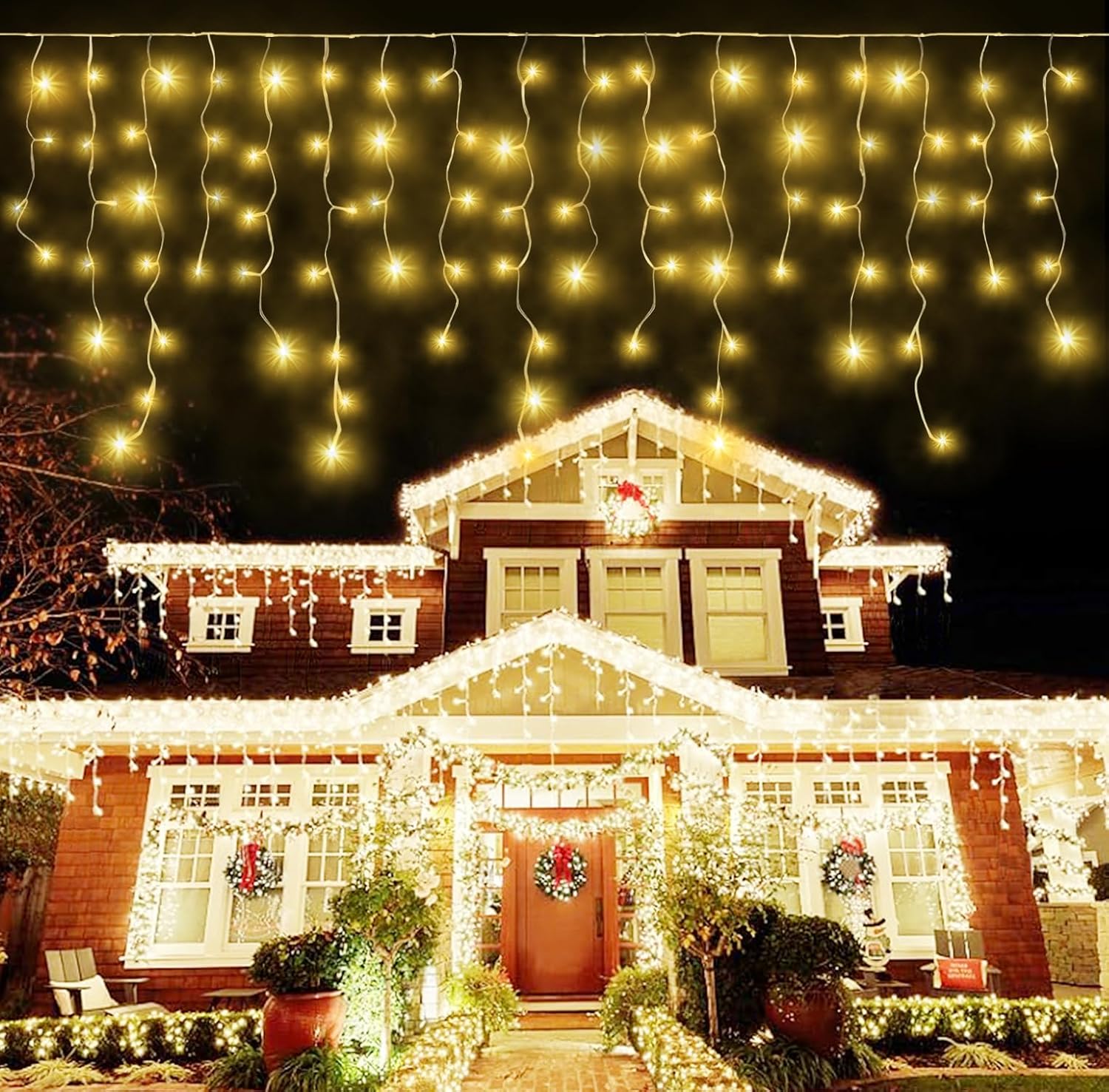 Luces de carámbano para exteriores, 384 luces LED de Navidad de carámbano de 33 pies, luz blanca cálida para exteriores, interiores, con 8 modos de