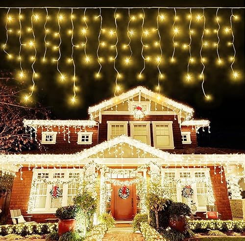 Luces de carámbano para exteriores, 384 luces LED de Navidad de carámbano de 33 pies, luz blanca cálida para exteriores, interiores, con 8 modos de