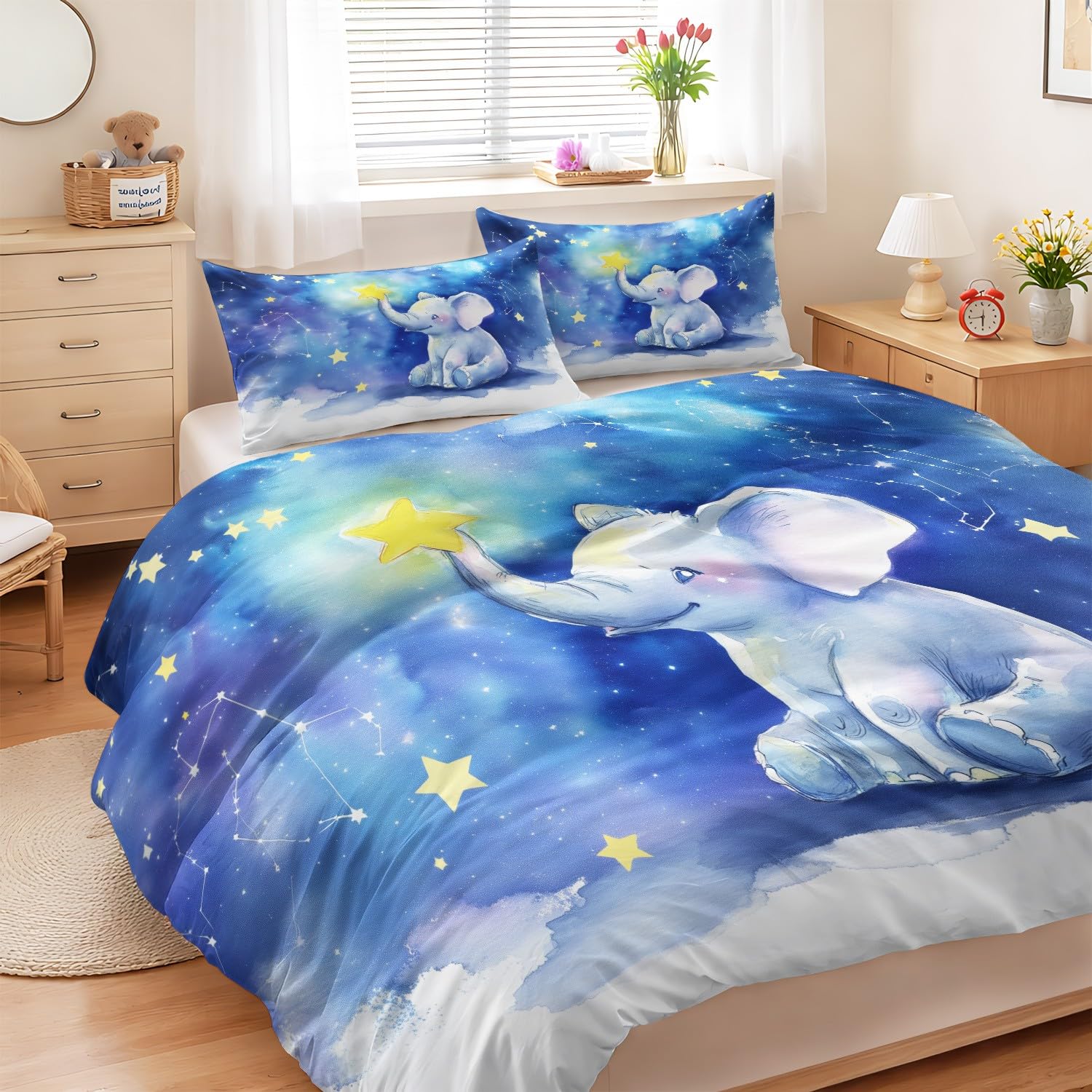 Generisch Fantasy Romantyczny komplet pościeli, poszewka na kołdrę 155 x 220 cm, 3-częściowy, pościel dwustronna, słonie, gwiazdki, mikrofibra, z zamkiem błyskawicznym
