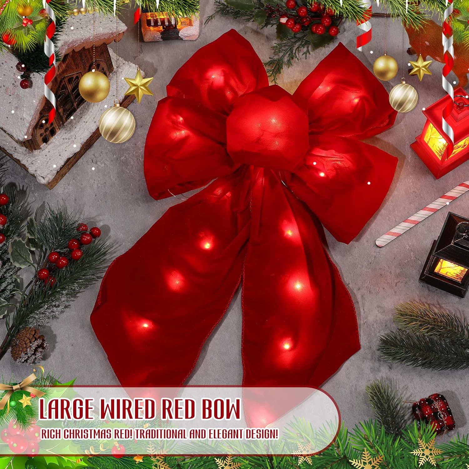 6 Pack Pre-lit Red Christmas Bow Large LED Red Velvet Christmas Wreath Bow 12 x 19 Wired Red Bow with 30 Lights for Large Gifts Christmas Garland Indoor/Outdoor Fence Decorations