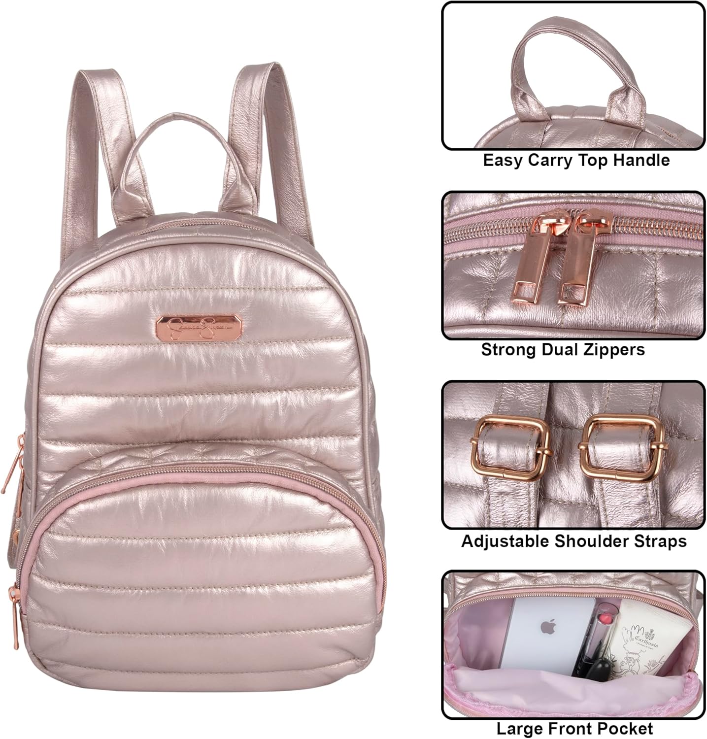 Jessica Simpson Quilted Puffer Mini Backpack Purse for Women, Teens, Travel, Work with Adjustable Straps