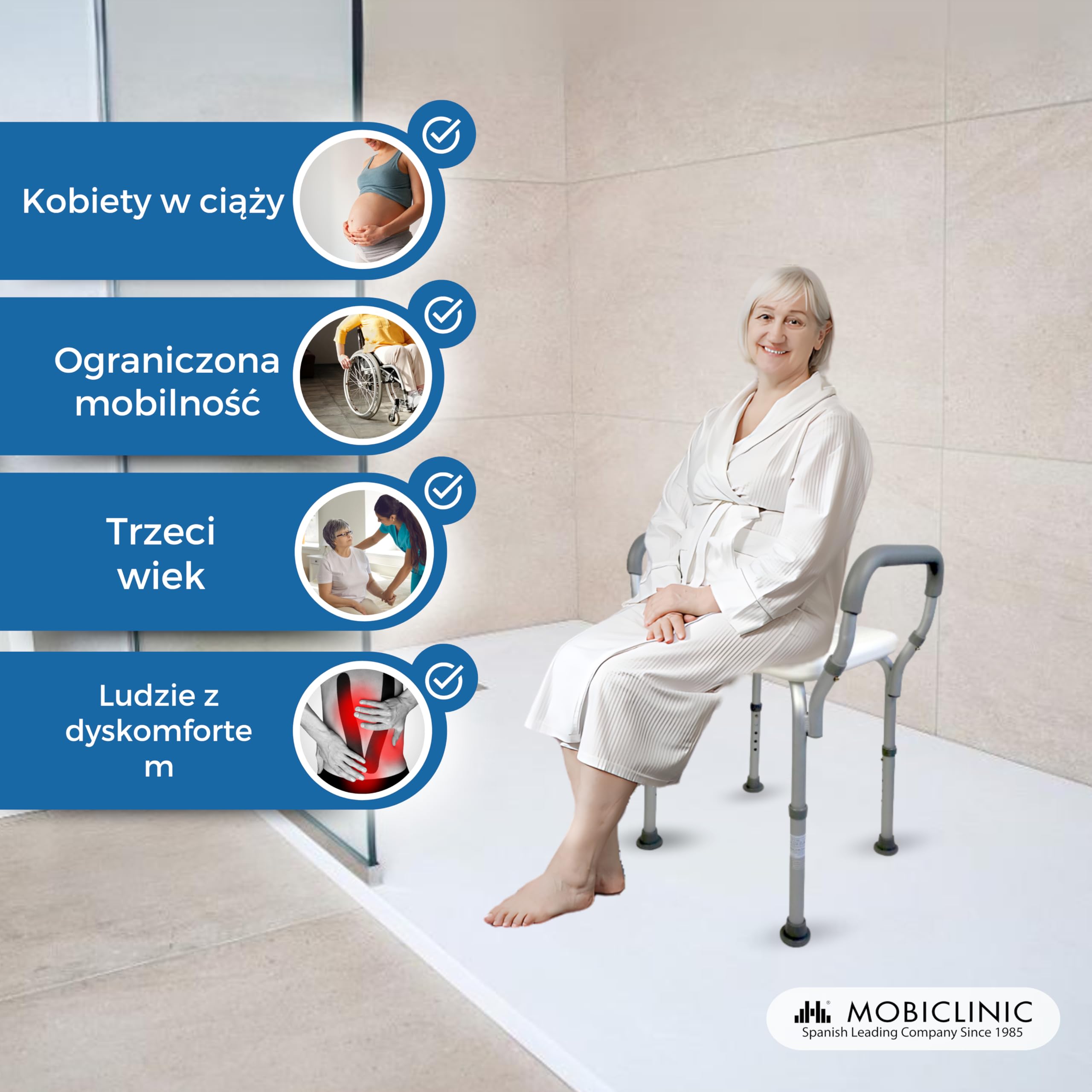 Mobiclinic stołek kąpielowy z regulacją wysokości, Wygodne wyściełane podłokietniki, Antypoślizgowe okucia, Model: acueducto