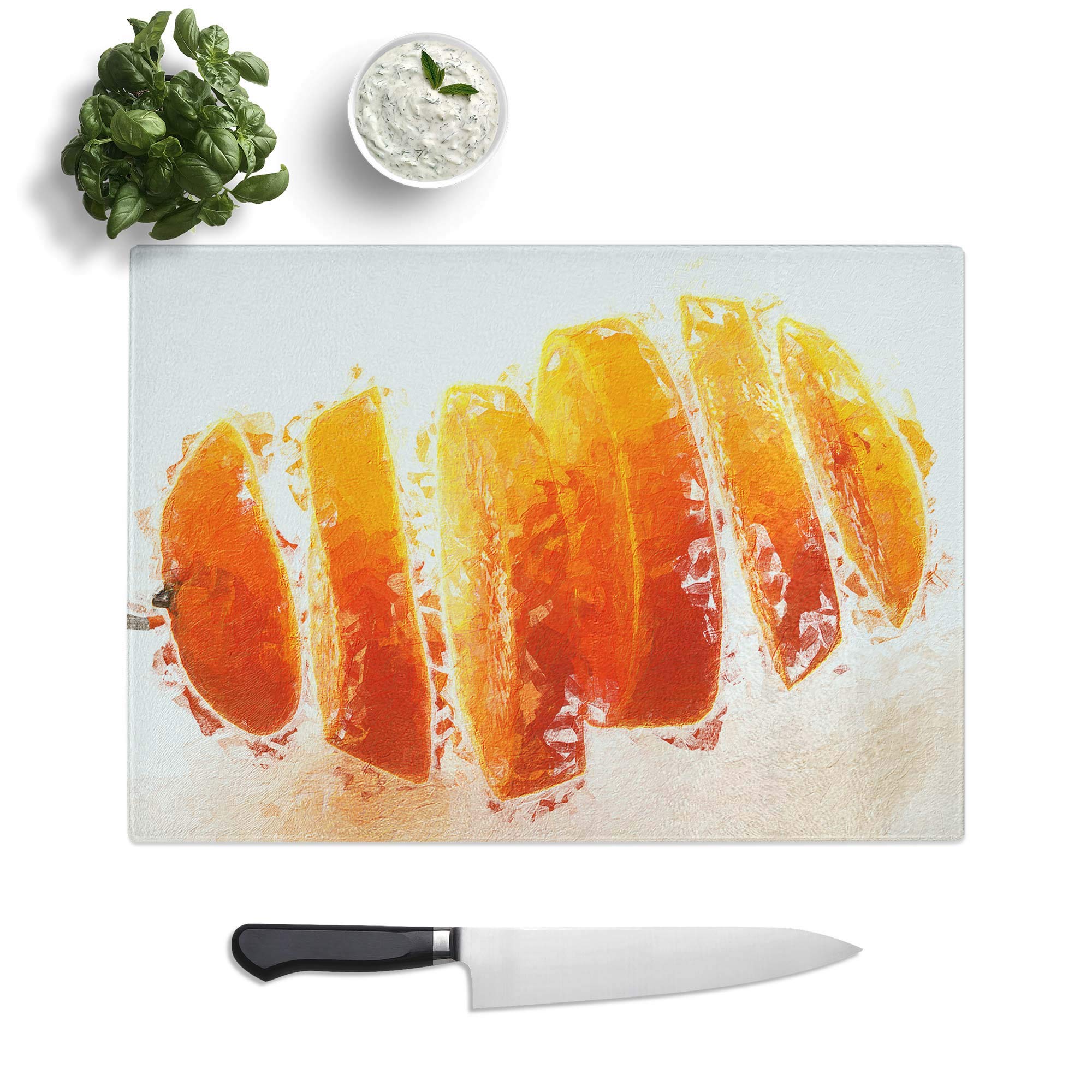 Glass Chopping Board - Floating Sliced Orange in Abstract - Textured Worktop Saver Cutting Board - Heat Resistant, Shatterproof and Hygenic - 28.5 x 20 cm