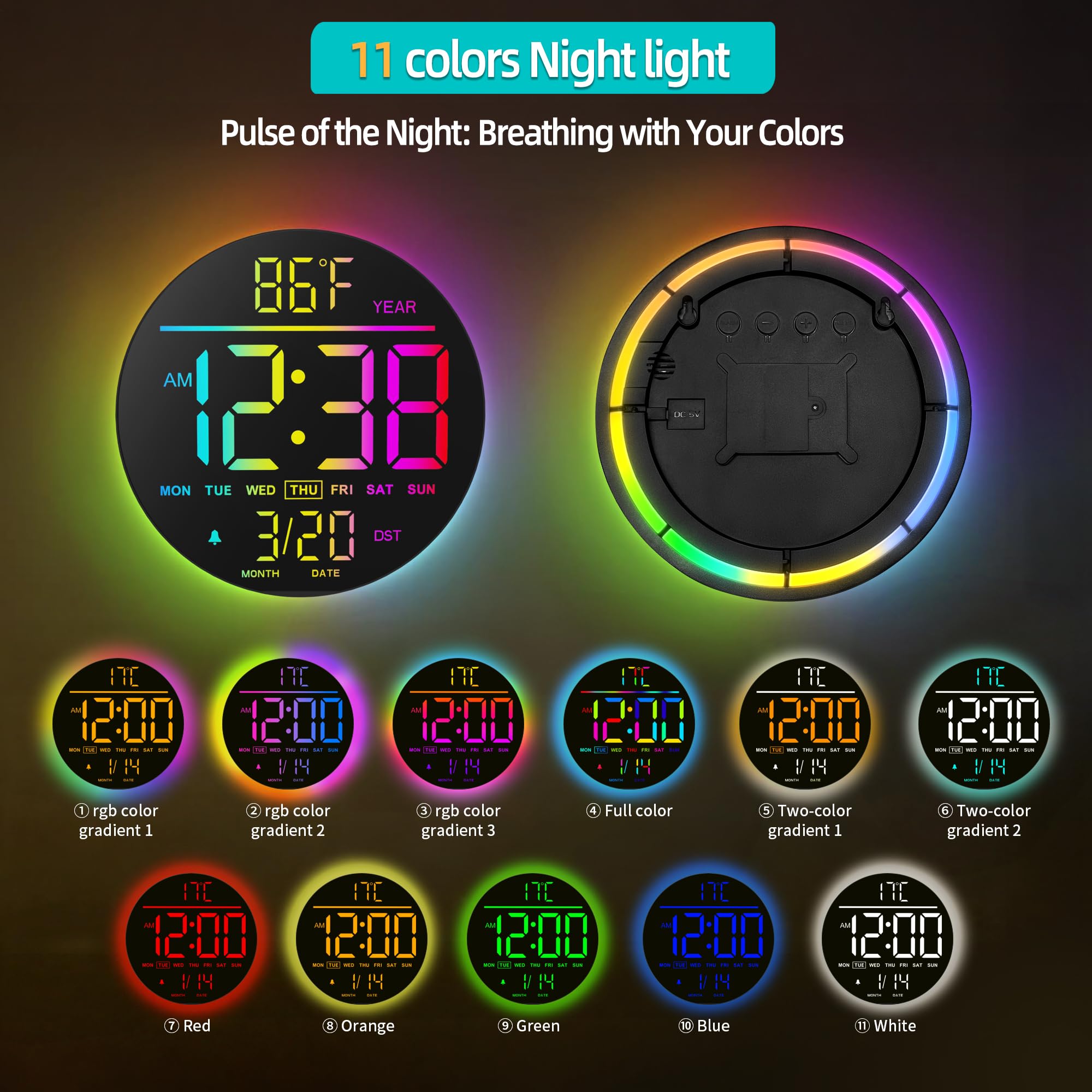 Maxstar Große Digitale Wanduhr mit Fernbedienung, 10-Zoll-Runduhr,8 RGB Farben, Modernes LED Display, Automatische Helligkeit, Sommerzeit, Temperatur, Wecker für Wohnzimmer, Schlafzimmer, Küche Dekor
