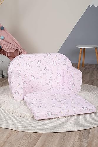 Miniatura 5 de DELSIT Sofá para bebé y para niños – Hecho en Europa para niños, 2 en 1 Flip Open Foam Sofá doble – Sofá plegable para niños Unicornios y Arcoiris