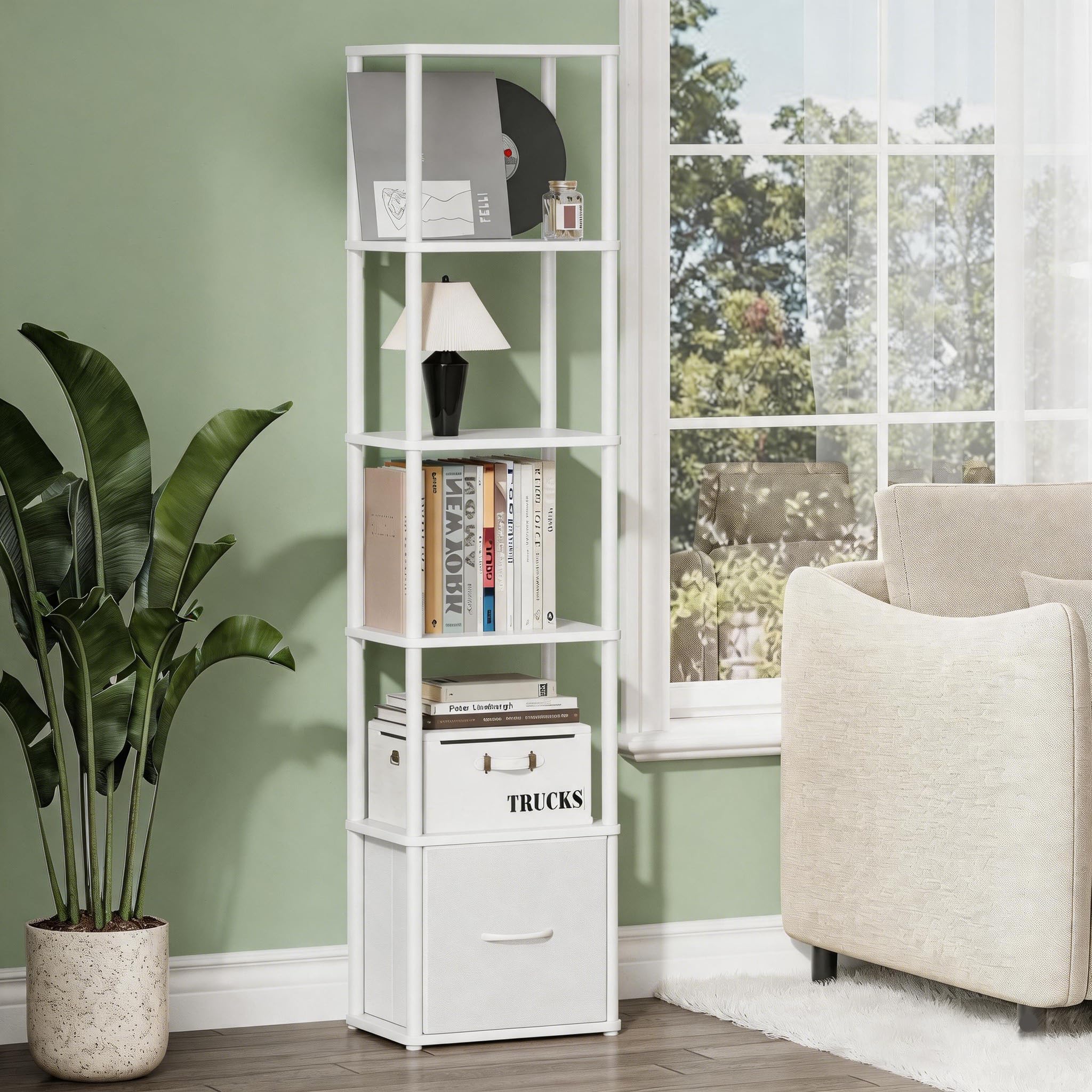 Etagere 6 Niveaux Bibliotheque Meuble de Rangement Étagère d'angle Industriel pour Bureau Salon Chambre Blanc HBC505W