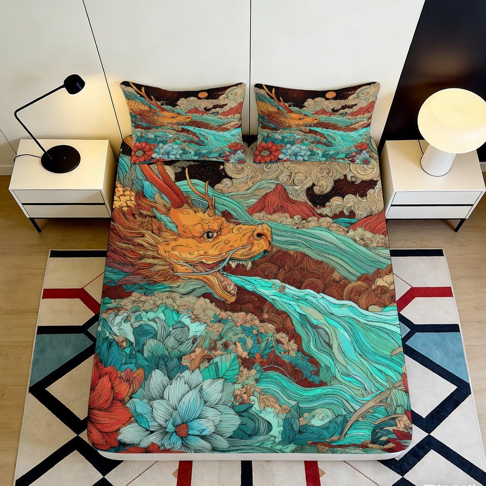 3D Printed Oriental Dragon Fitted Sheet Microfiber Soft Breathable Landscape Mattress Cover for Bedroom Dorm Decor 90x200x25cm