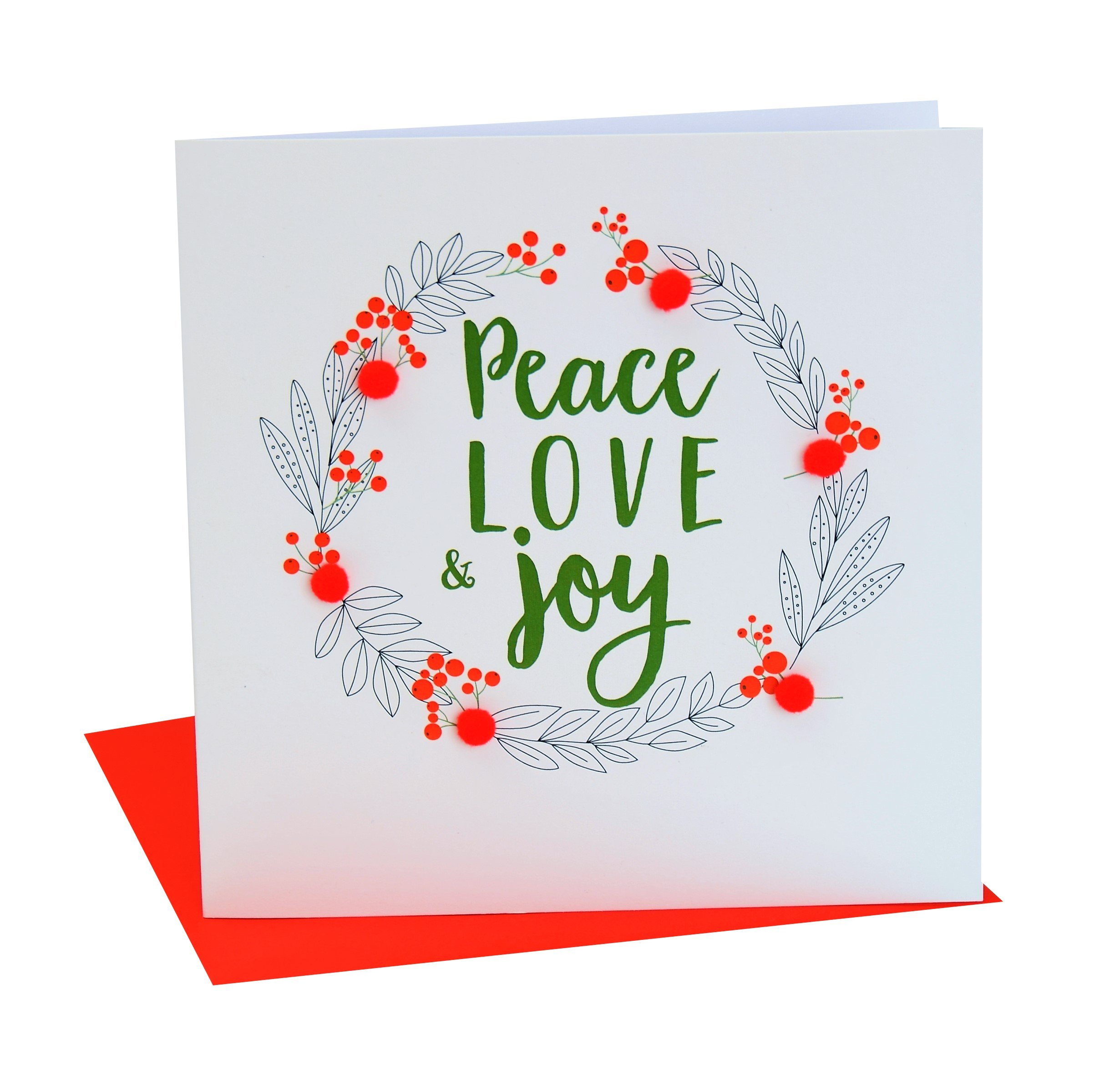 Claire Giles Greeting Cards, Happy Christmas Card, Laurel Wreath Design Xmas Greeting Card, Peace, Love and Joy, Embellished with Colourful Pompoms