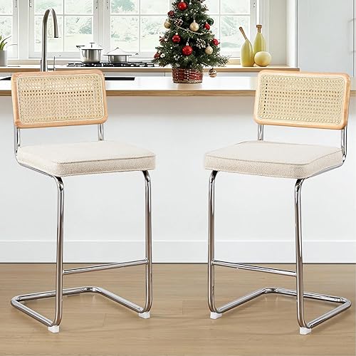 Miniatura 35 de Zesthouse Juego de 2 taburetes de bar de ratán natural, 26 pulgadas, modernas, bohemias, de altura de mostrador, con respaldo de madera maciza,