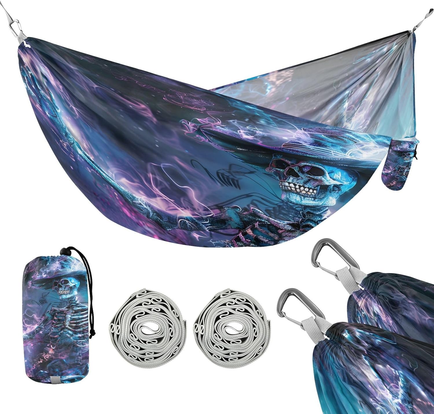 ALAZA Halloween Skull Magic Camping Hammocks Single or 2 Person 500 lbs Portable Parachute Travel Hammock w/Tree Straps for Hiking Backpacking Indoor Outdoor