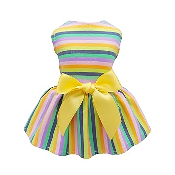Fitwarm 100% Cotton Dog Dresses Pet Clothes for Doggie Striped Dress Cat Vest Puppy Shirts Colorful Rainbow Green Medium