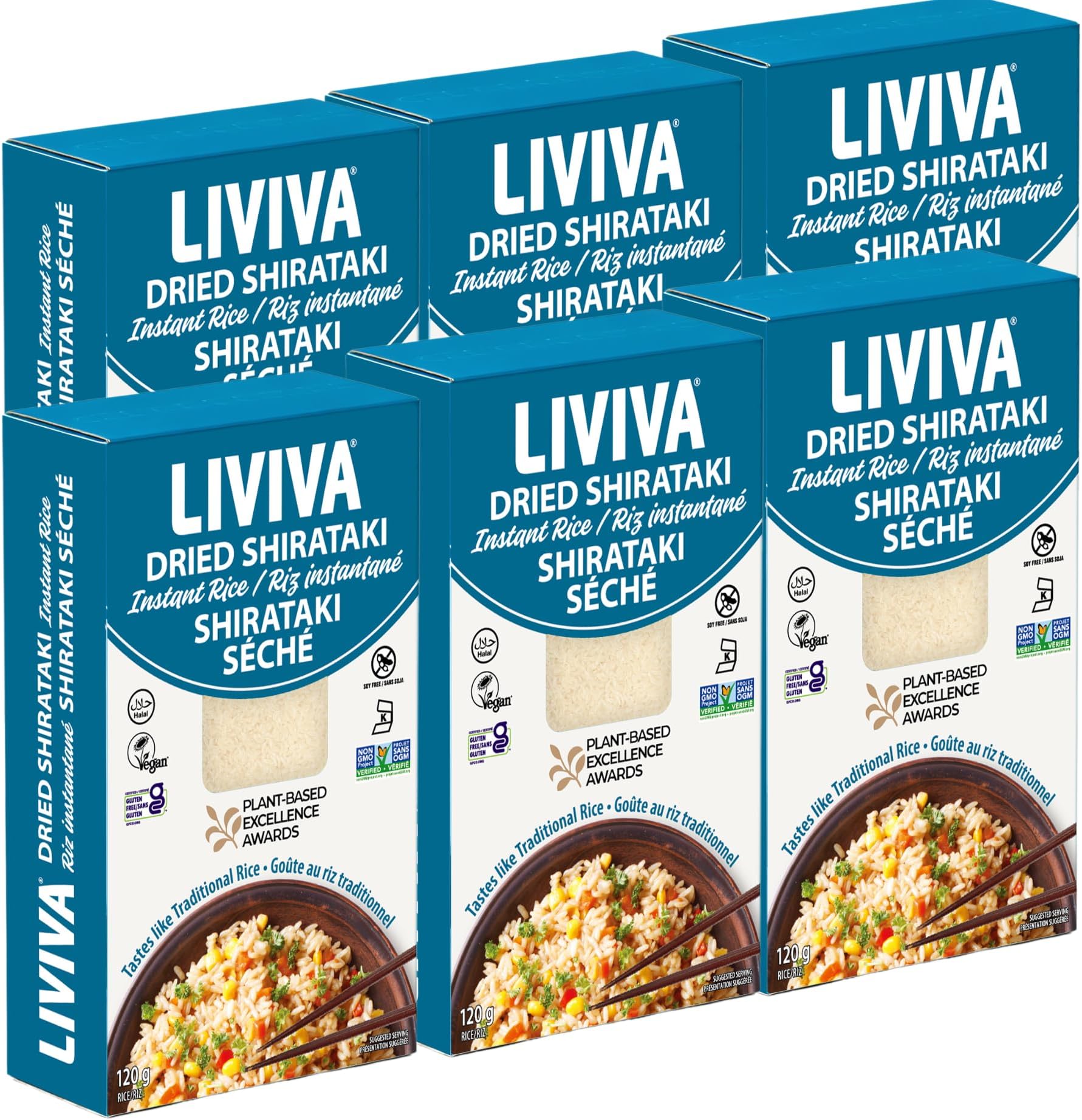 LIVIVA Dried Shirataki Low Carb Plant-Based Gluten Free Pasta – Konjac Noodles - Taste & Cook like Regular Spaghetti & Rice – Diabetic-Friendly, Low Calories, Vegan, Halal, Kosher, Non-GMO, Plant-Based (6 Pack, Rice)