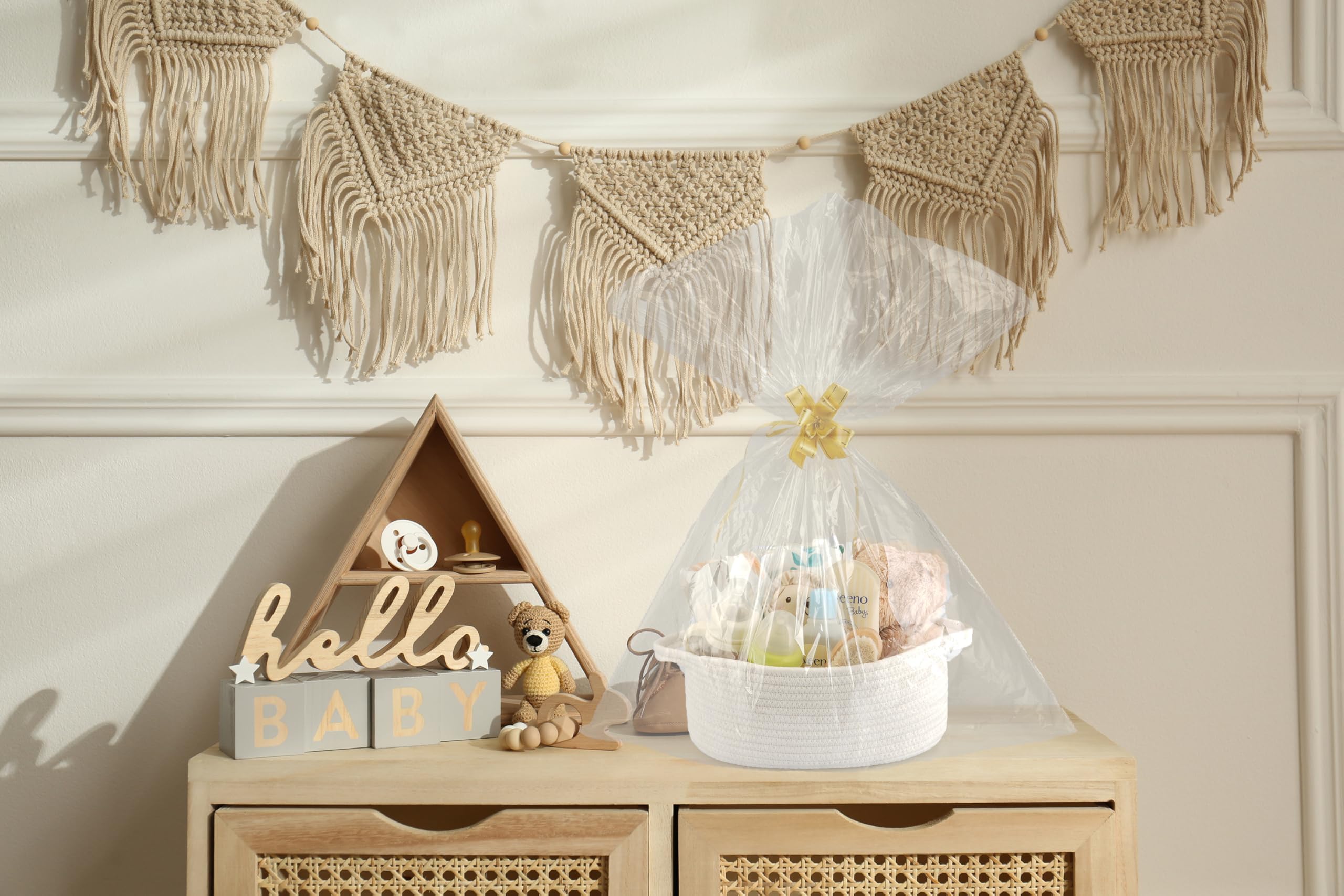 Kosz prezentowy, pusty pleciony kosz z liny bawełnianej, kosz prezentowy z folią prezentową i kokardką, kosz do przechowywania na baby shower, urodziny, wesele, Boże Narodzenie, Wielkanoc, biały