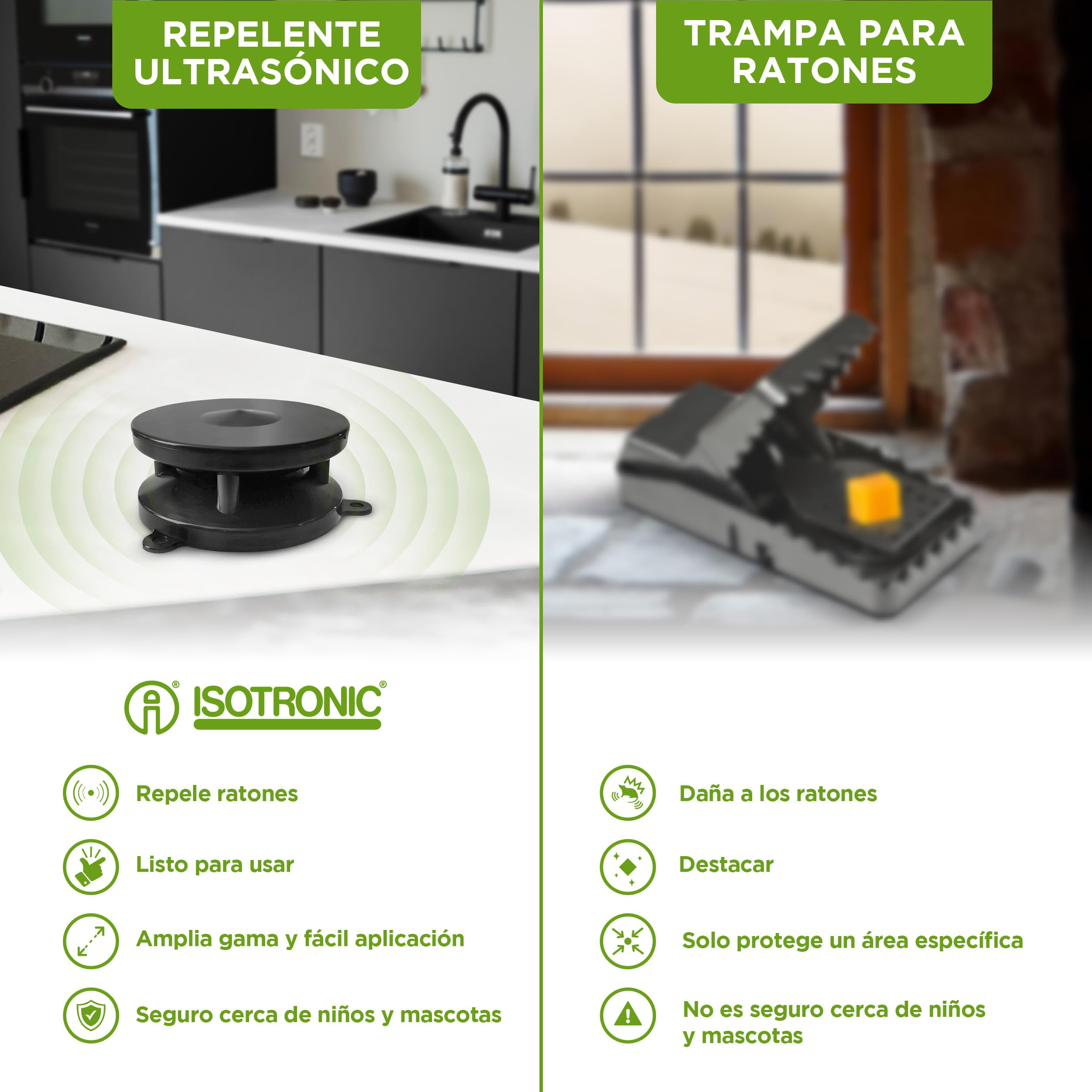ISOTRONIC Repelente ultrasónico para Ratones y martas – Repelente de 360° para Coche, ático, sótano y Garaje – Disuasivo para Ratones sin Veneno ni trampas – Alcance Efectivo de 40 m² (1 Unidad)