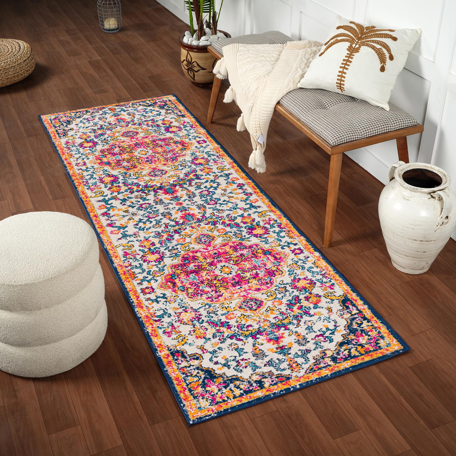 Livabliss Chinu Erfoud Vintage Runner 80x220 cm – Traditional Boho Pattern for Hallway & Kitchen Area, Easy Care, Orange, Fuchsia, Navy & Beige