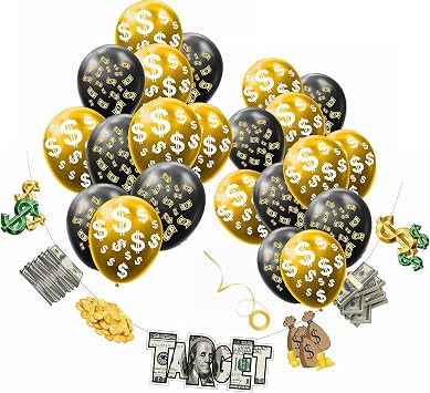 Money Party Banner & Balloons Set Bill Dollar Signs Currency Symbol Banner and Latex Balloons for Investment Party Birthday Casino Graduations Wedding Anniversary Bachelorette Retirement Party