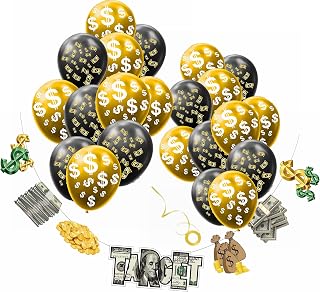 Money Party Banner & Balloons Set Bill Dollar Signs Currency Symbol Banner and Latex Balloons for Investment Party Birthday Casino Graduations Wedding Anniversary Bachelorette Retirement Party