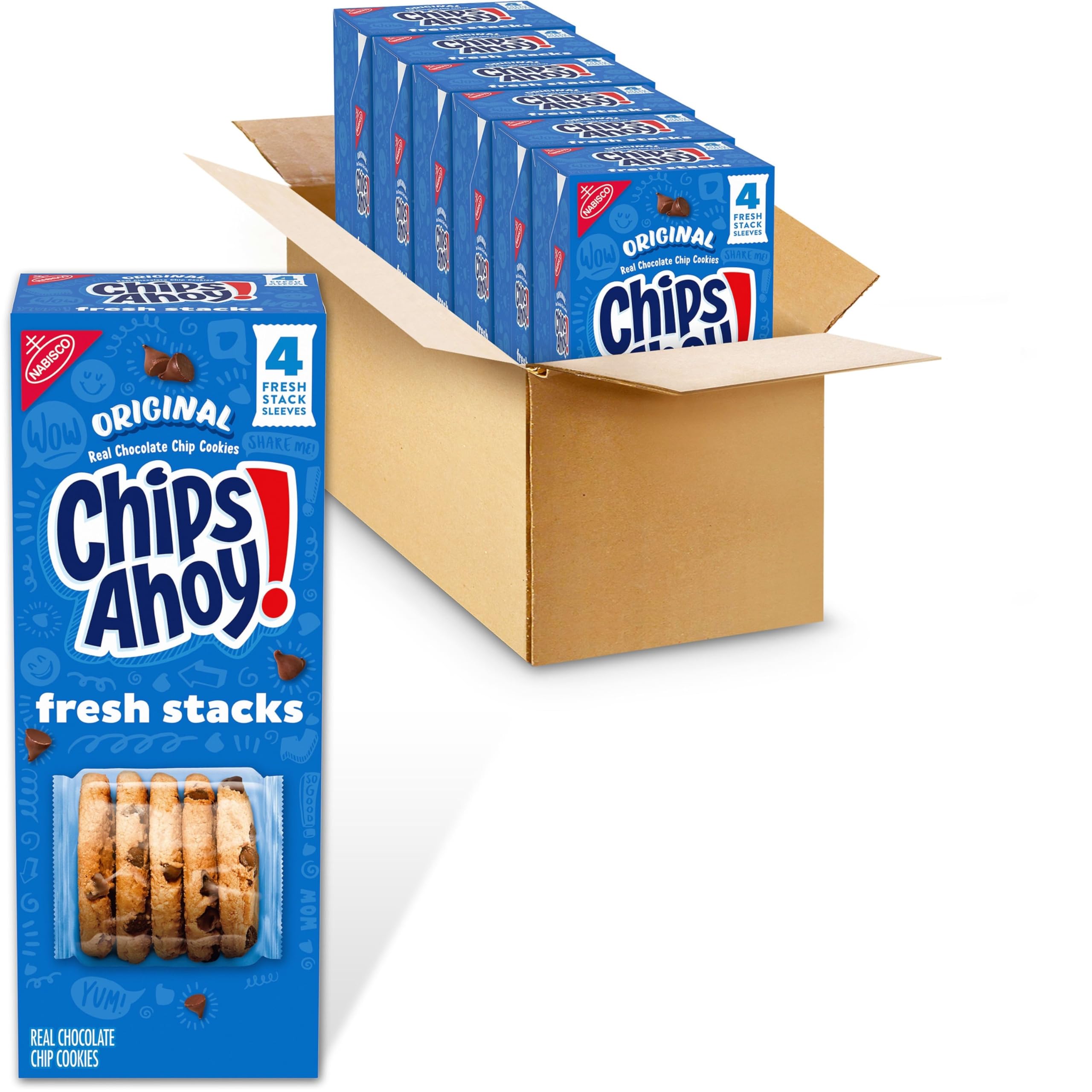 Fresh Stacks Original Chocolate Chip Cookies, Bulk Travel Snacks, 6 Boxes (24 Multi Snack Packs)