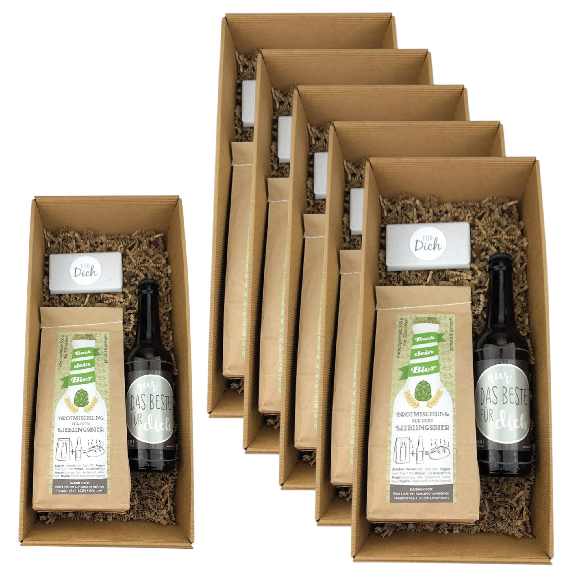 5x Brotback-Box „Back dein Bier“ Geschenkset – Backmischung für Brot 560 g, Exportbier 330 ml, Mini-Schokolade 40 g – Geschenkbox für Männer & Bierliebhaber