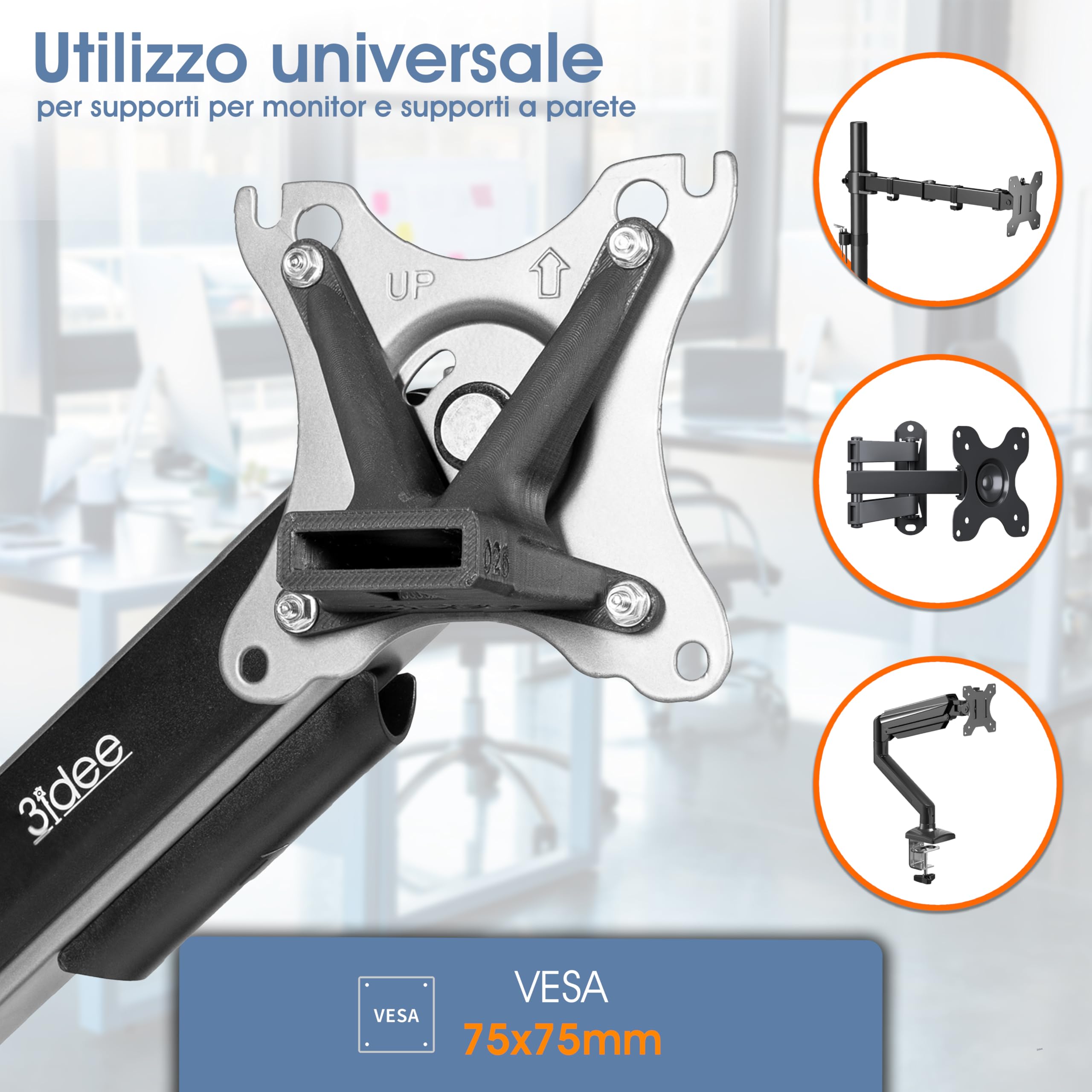 3IDEE adattatore VESA compatibile con monitor HP (22f, 22es, 22ea, 24f, 24fw, 24fh, 24es, 24ea, 27f, 27fw, 27fh, 27es, 27ea) - set di viti incluso - 75x75 mm (nero)