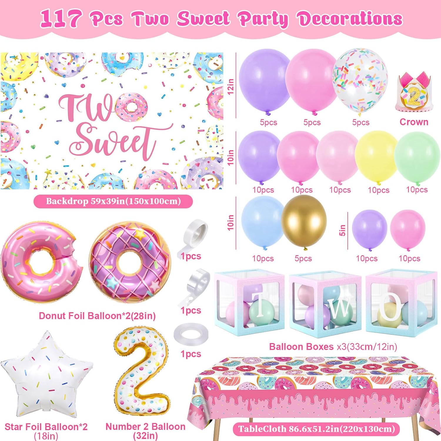 SNLN Two Sweet Birthday Party Decorations 2nd Birthday Supplies 'TWO' Boxes Donut Balloon Arch Backdrop Tablecloth Crown Foil Balloon Second 2 Year Old Birthdays Decorations for Girls